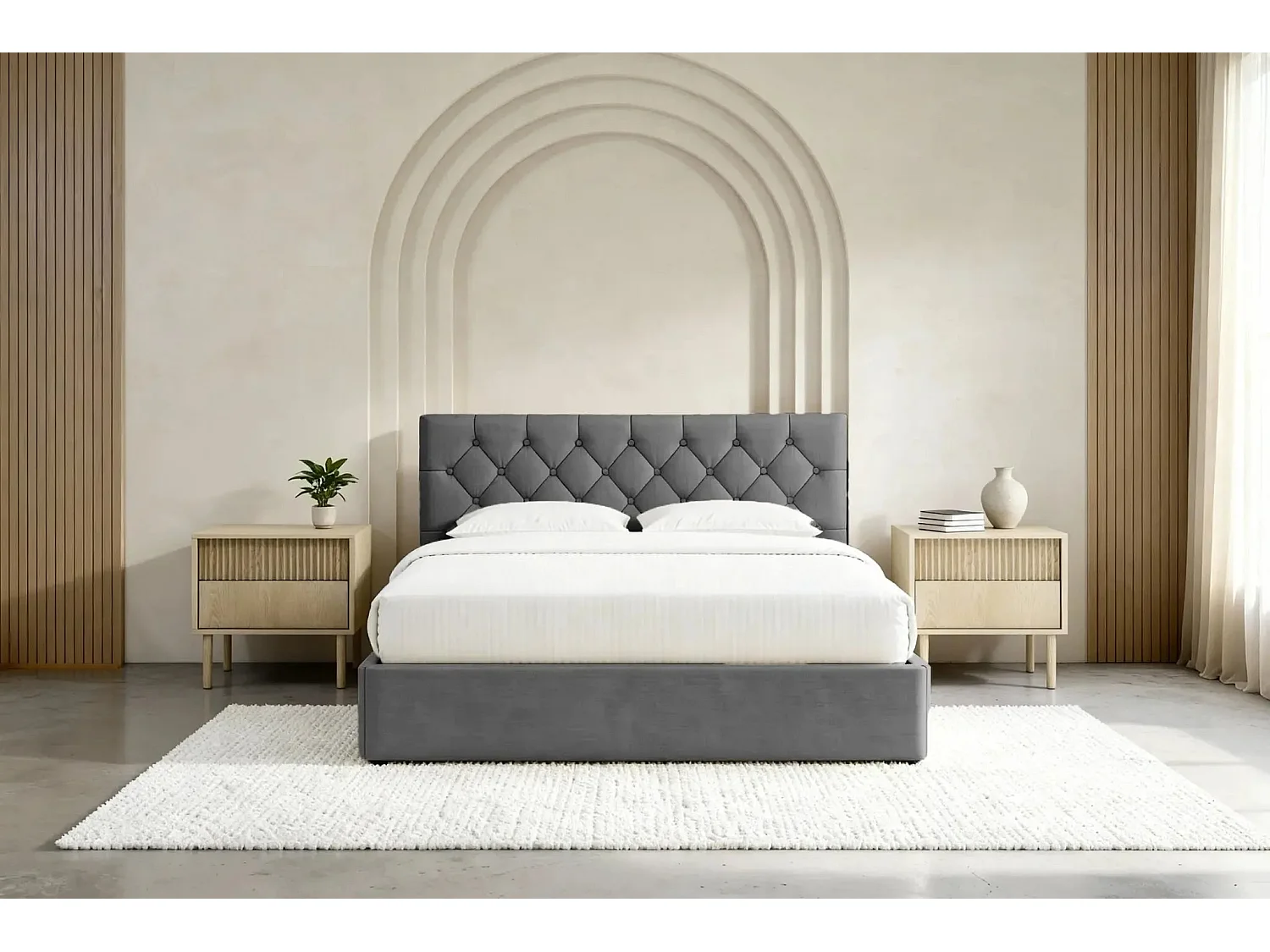 EMILE - Lit coffre tissu velours 140x200cm - Gris foncé