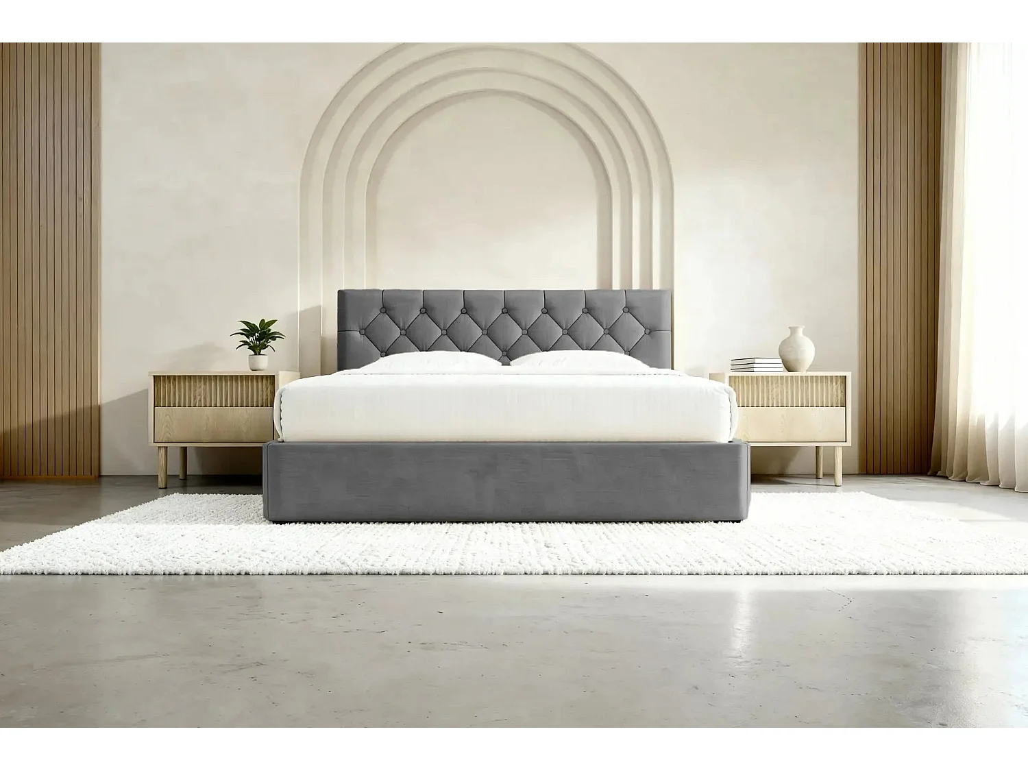EMILE - Lit coffre tissu velours 140x200cm - Gris foncé
