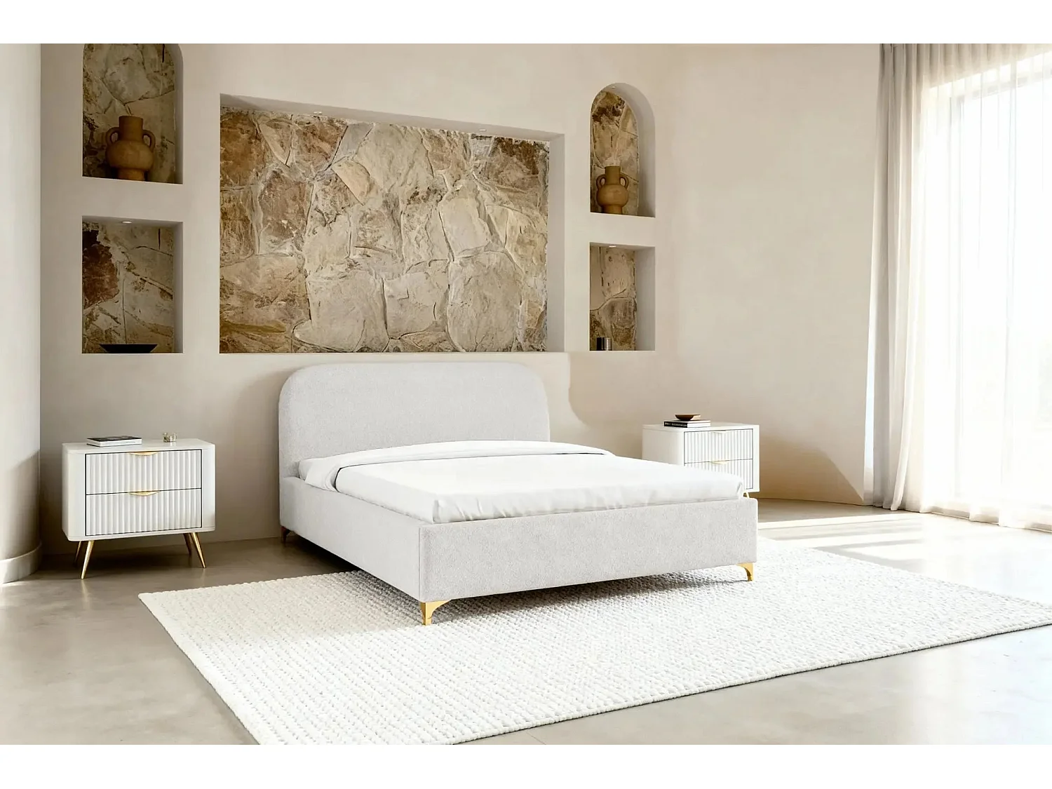 CHARLOTTE - Lit coffre tissu chenille 180x200cm - Blanc