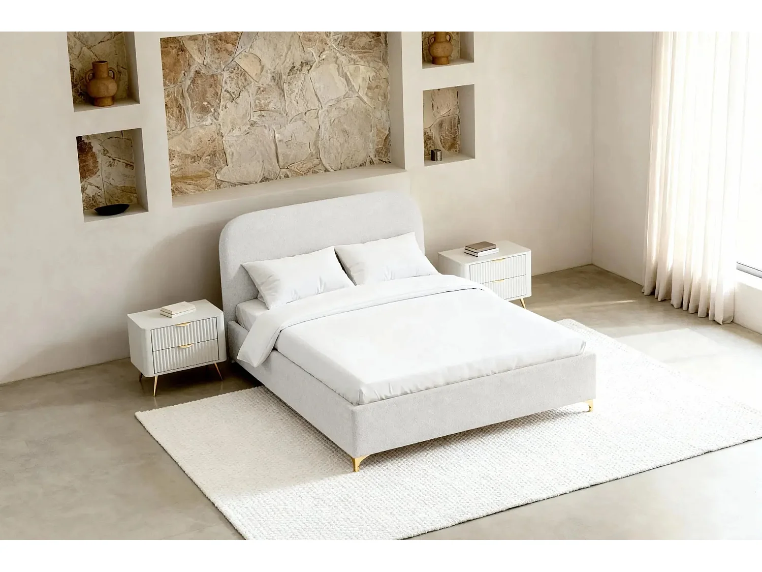 CHARLOTTE - Lit coffre tissu chenille 180x200cm - Blanc