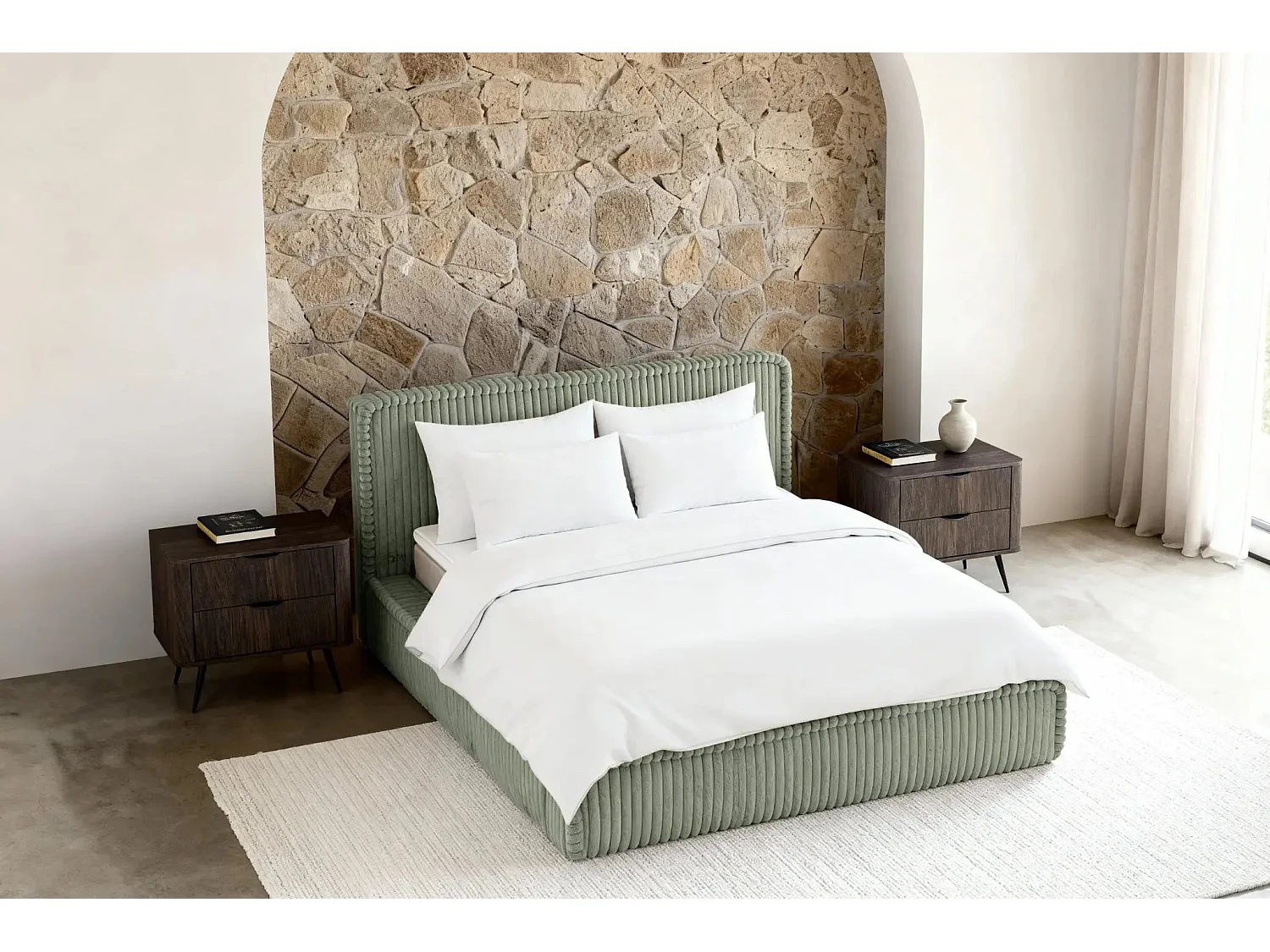 CAPUCINE - Lit coffre velours côtelé 140x200cm - Vert