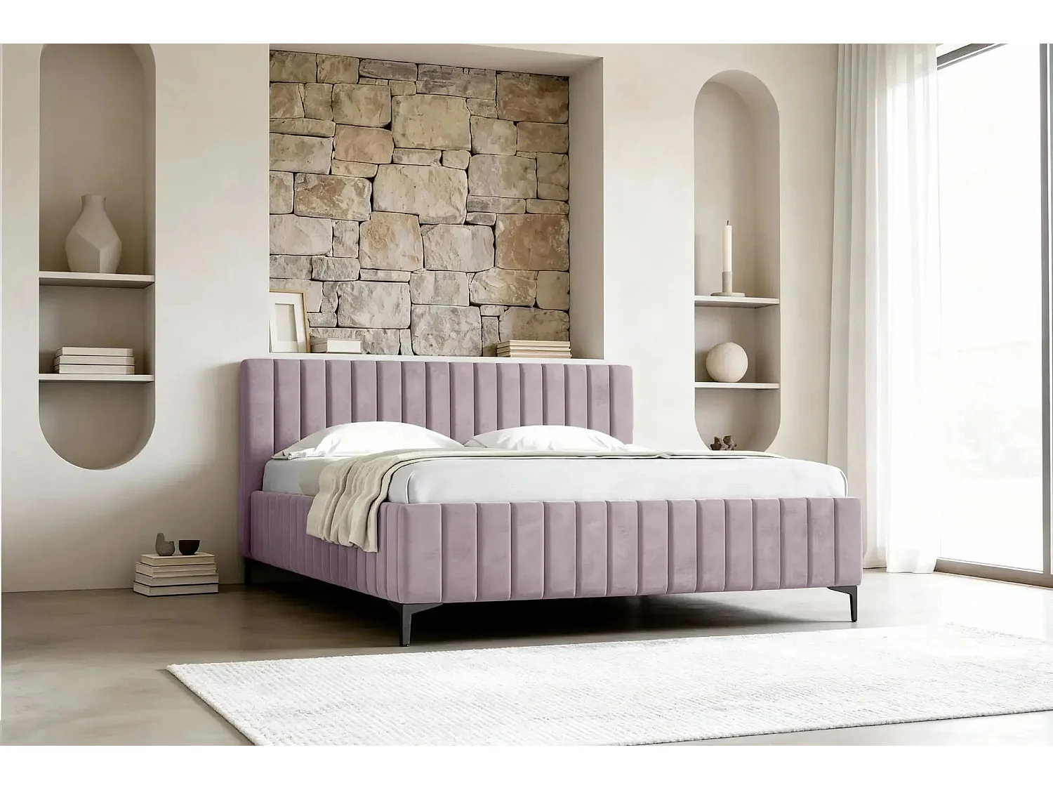 EDEN - Lit coffre tissu velours 160x200cm - Rose