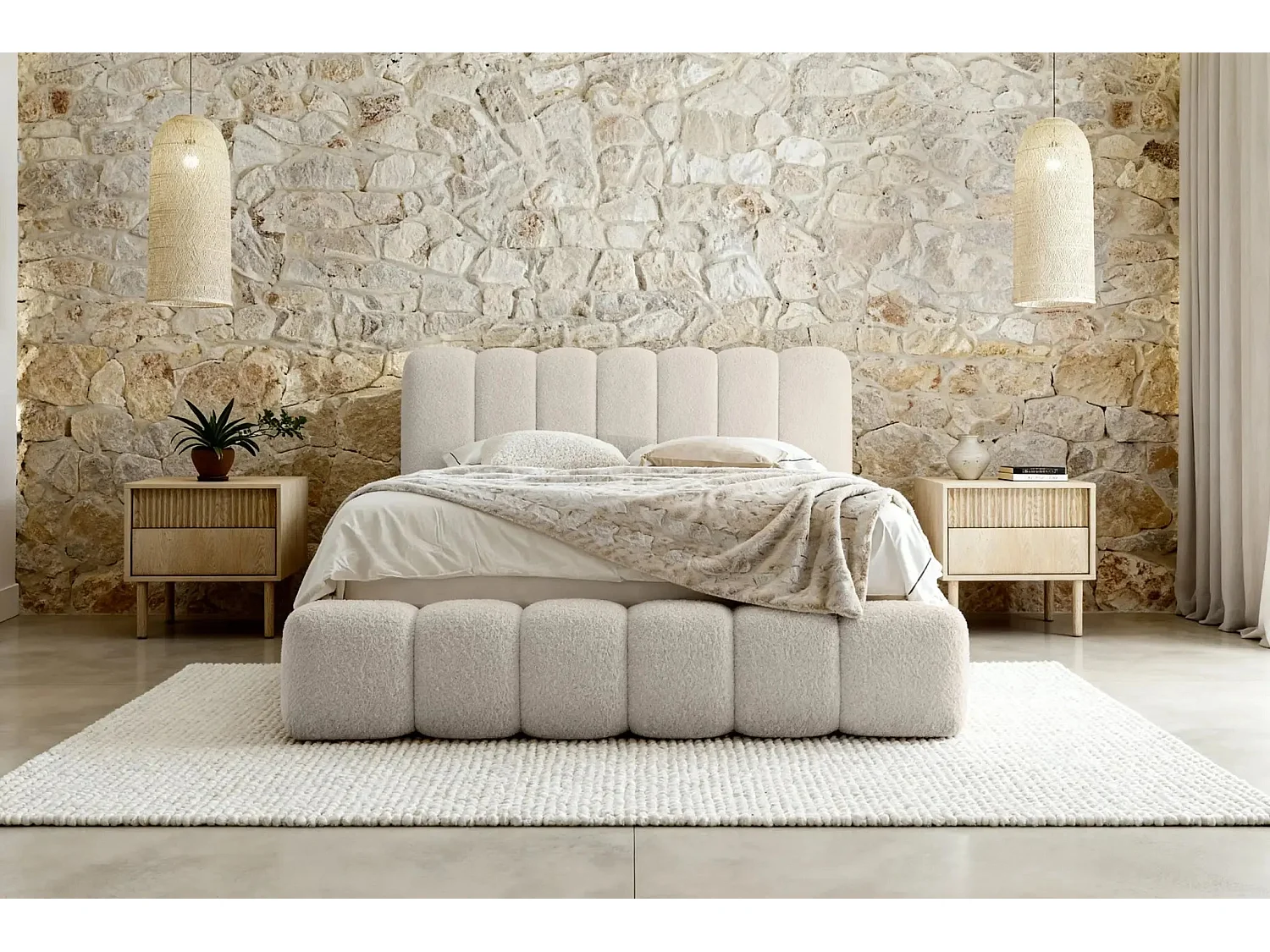 GARANCE - Lit coffre tissu chenille 140x200cm - Beige