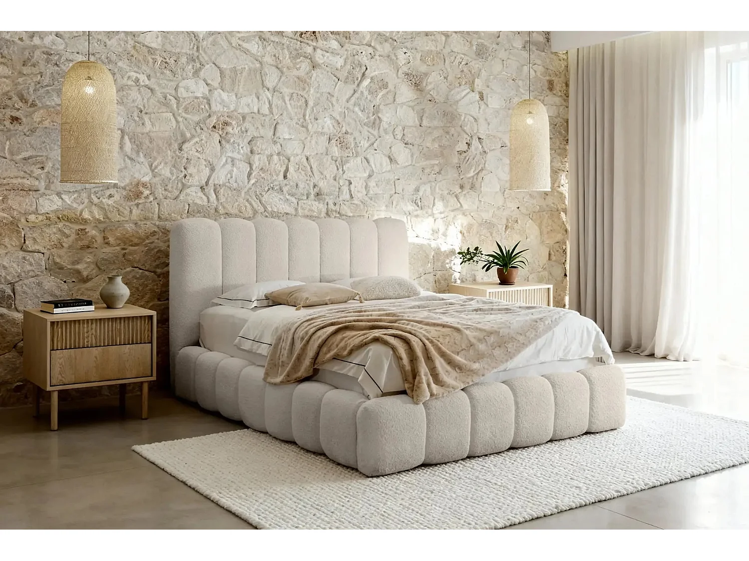 GARANCE - Lit coffre tissu chenille 140x200cm - Beige