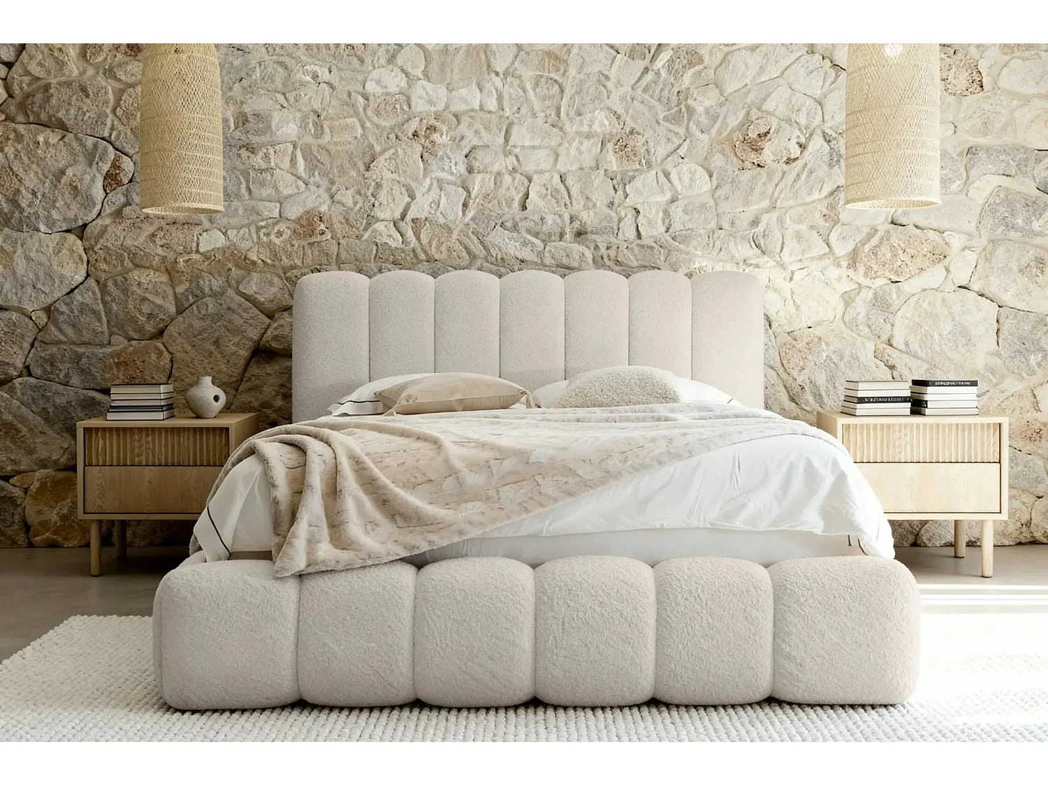 GARANCE - Lit coffre tissu chenille 140x200cm - Beige