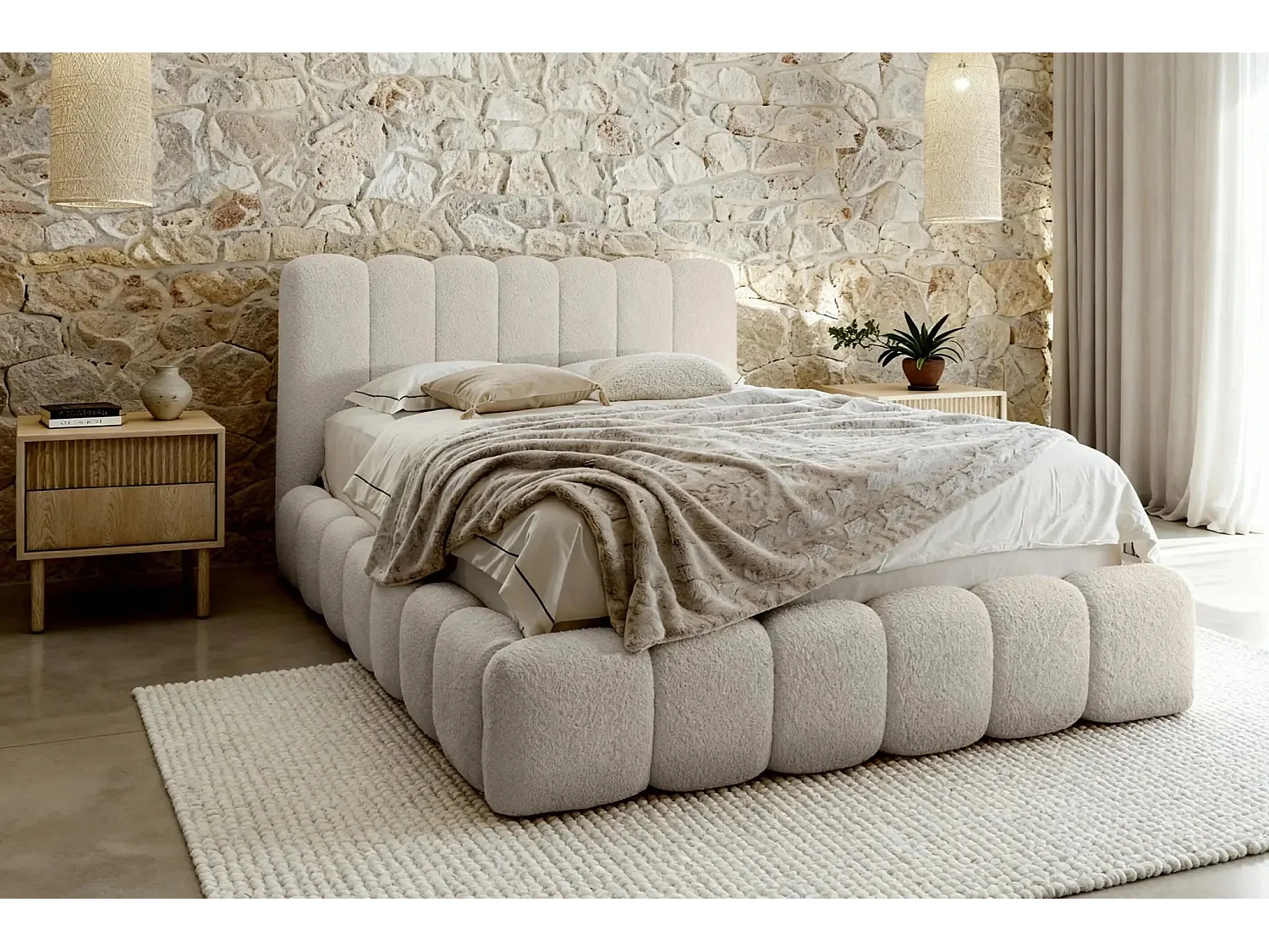 GARANCE - Lit coffre tissu chenille 140x200cm - Beige