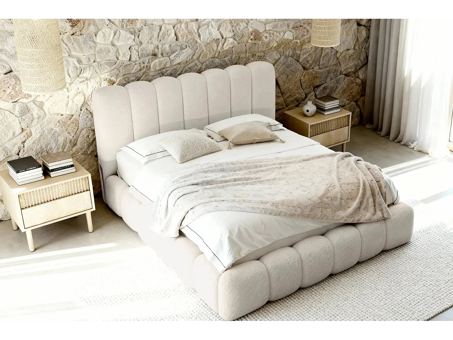 GARANCE - Lit coffre tissu chenille 140x200cm - Beige