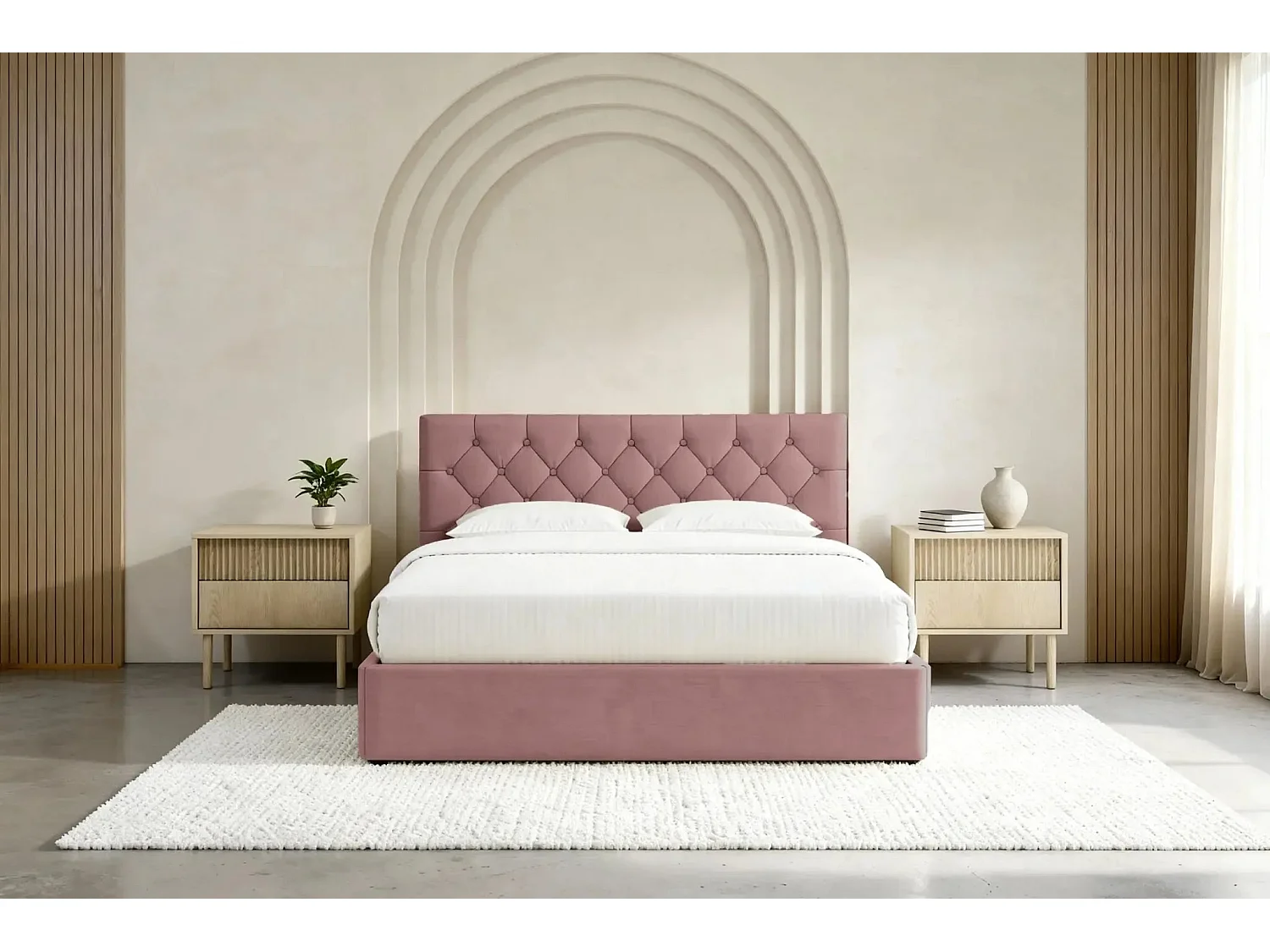EMILE - Lit coffre tissu velours 140x200cm - Rose