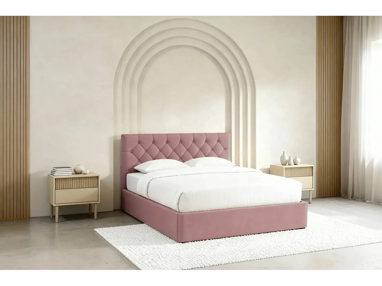 EMILE - Lit coffre tissu velours 140x200cm - Rose