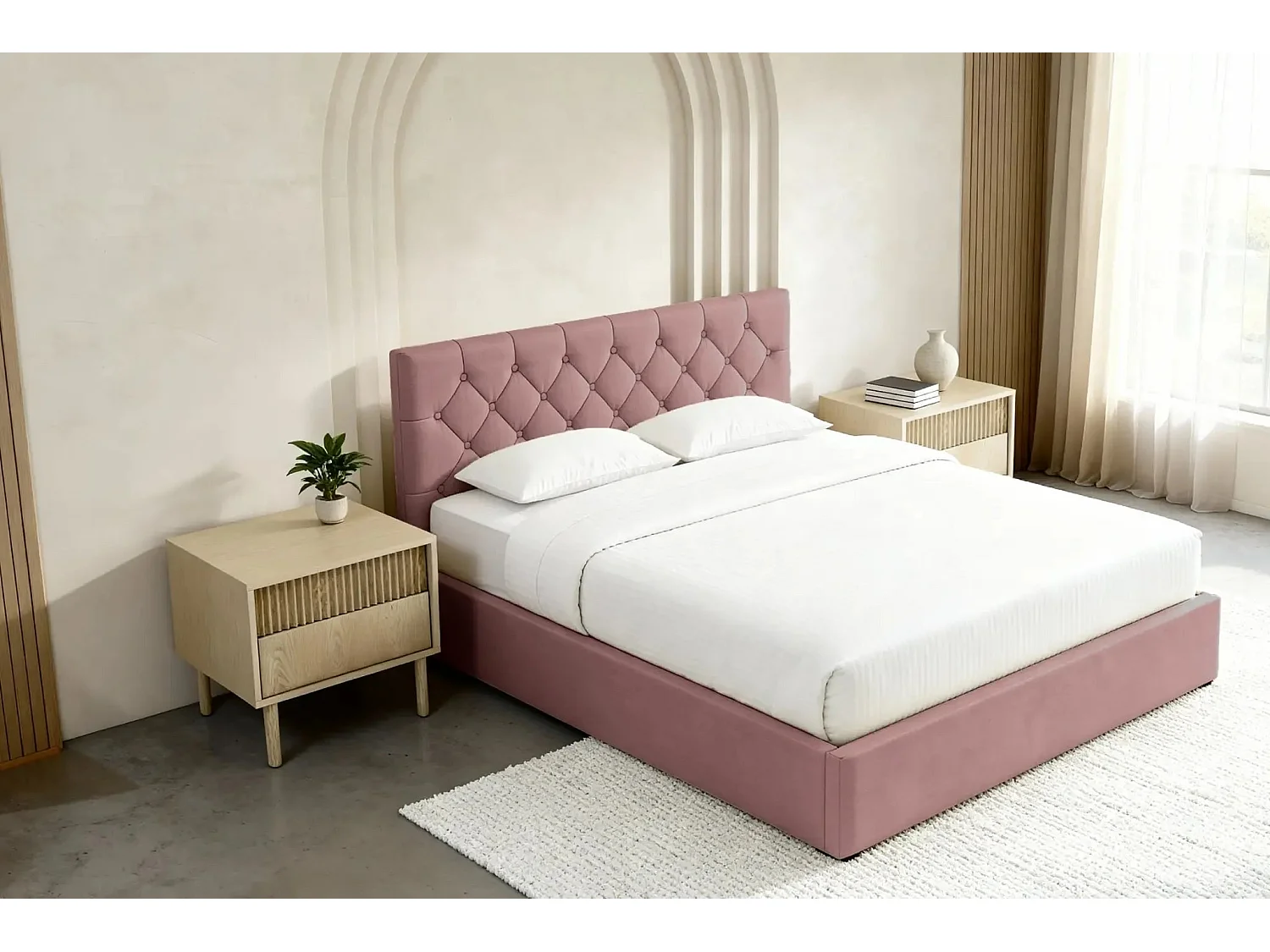 EMILE - Lit coffre tissu velours 140x200cm - Rose