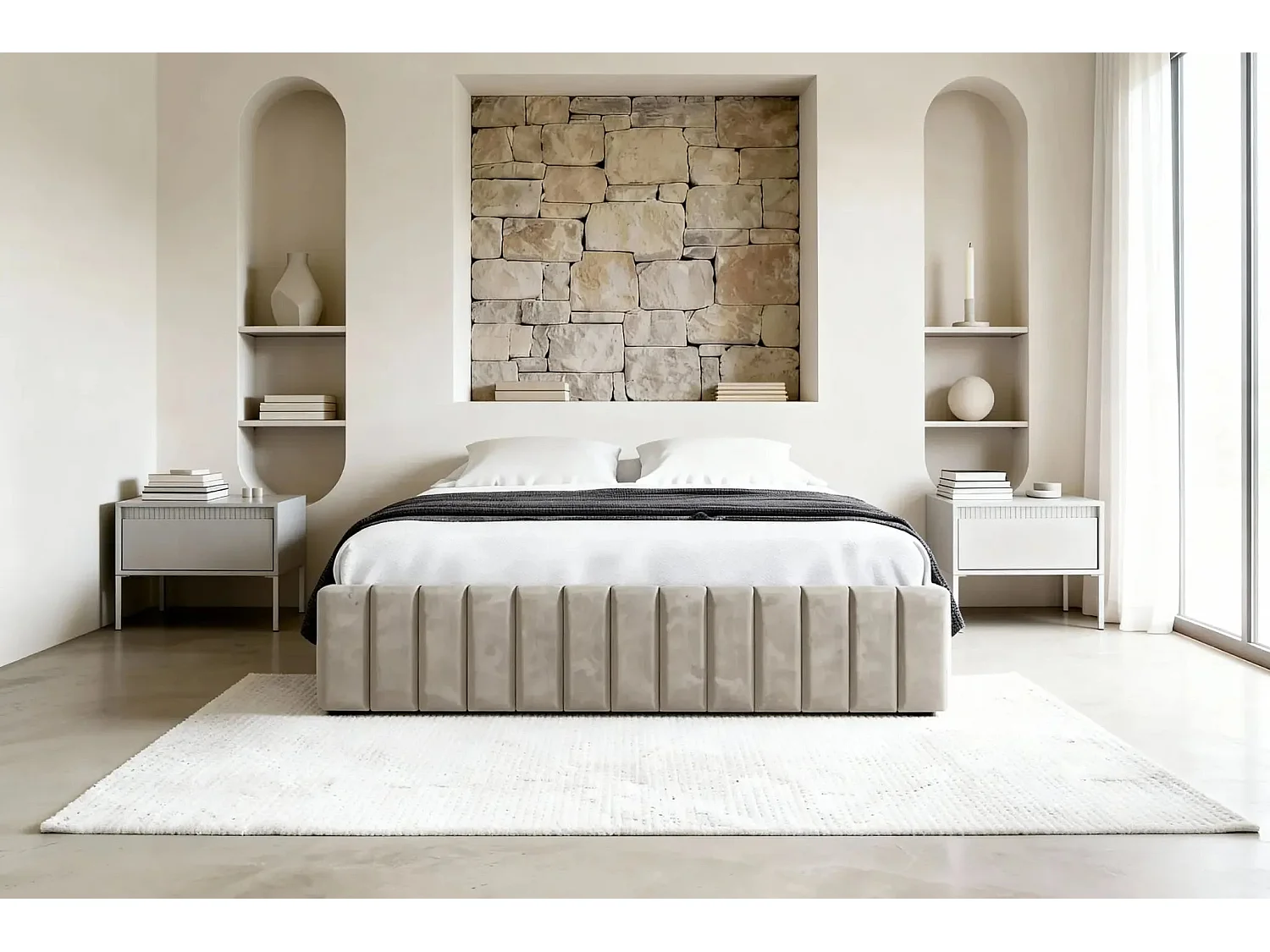 ELENA - Lit coffre tissu velours 180x200cm - Beige