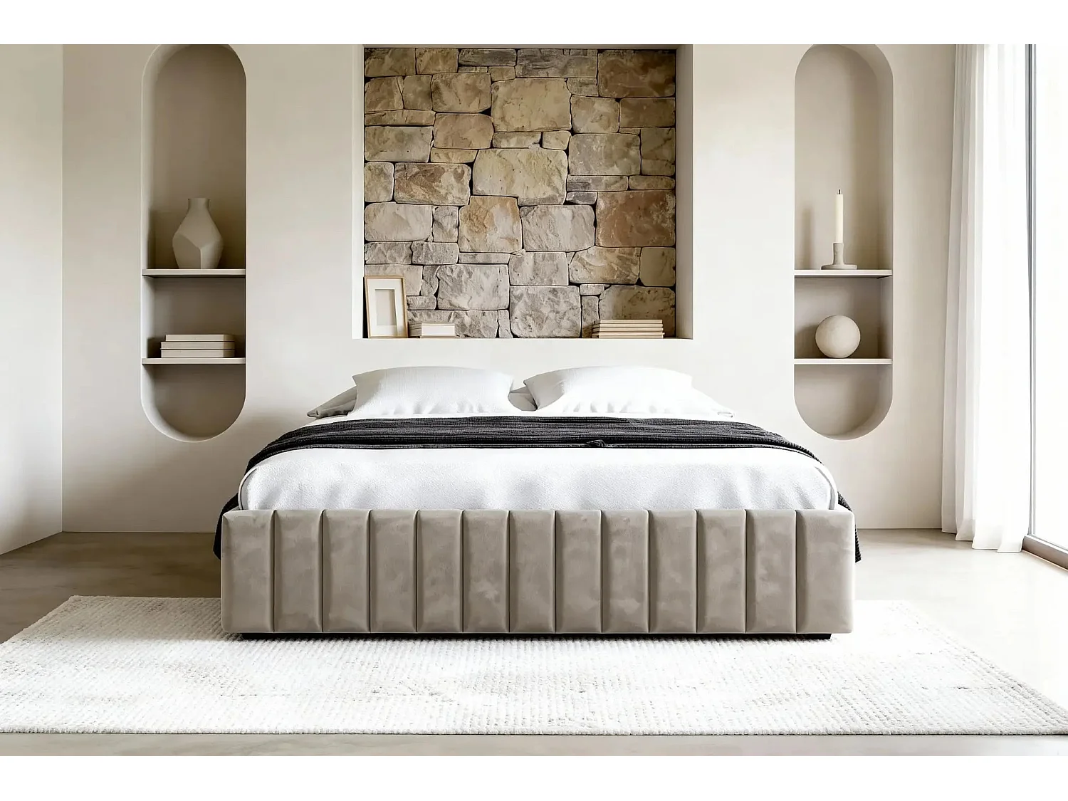 ELENA - Lit coffre tissu velours 180x200cm - Beige