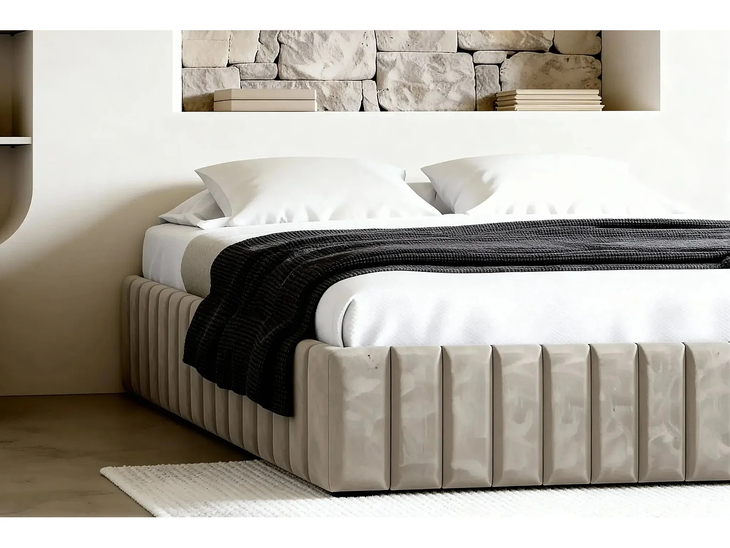 ELENA - Lit coffre tissu velours 180x200cm - Beige