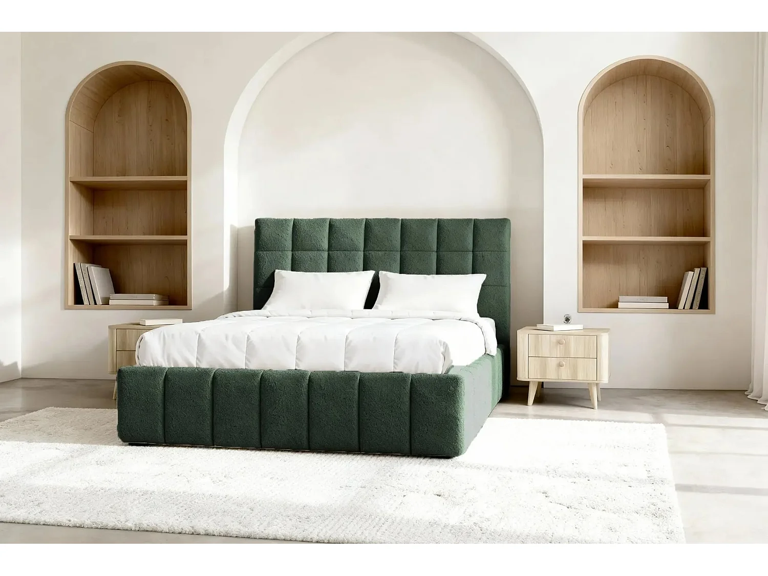 FLORENCE - Lit coffre tissu chenille 160x200cm - Vert