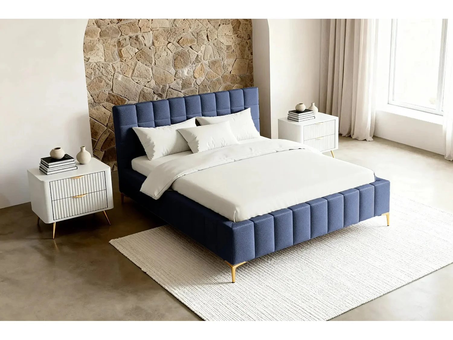 GREGOIRE - Lit coffre tissu chiné 140x200cm - Bleu