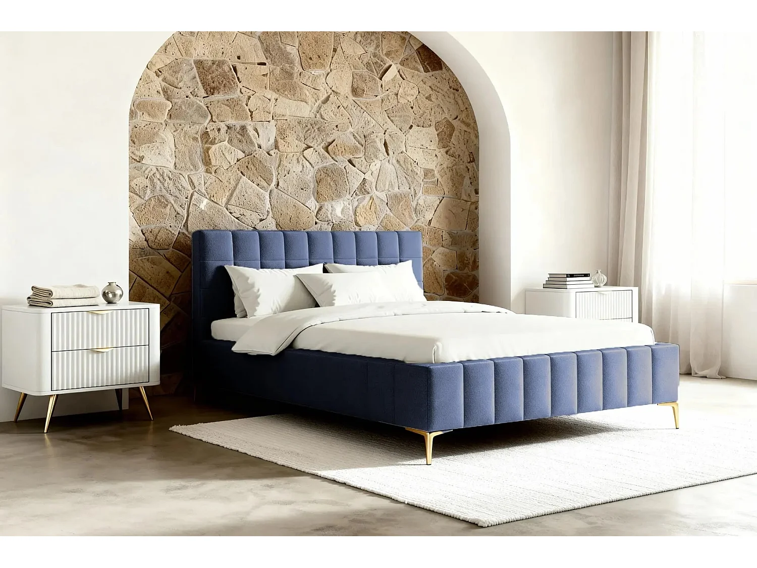 GREGOIRE - Lit coffre tissu chiné 140x200cm - Bleu