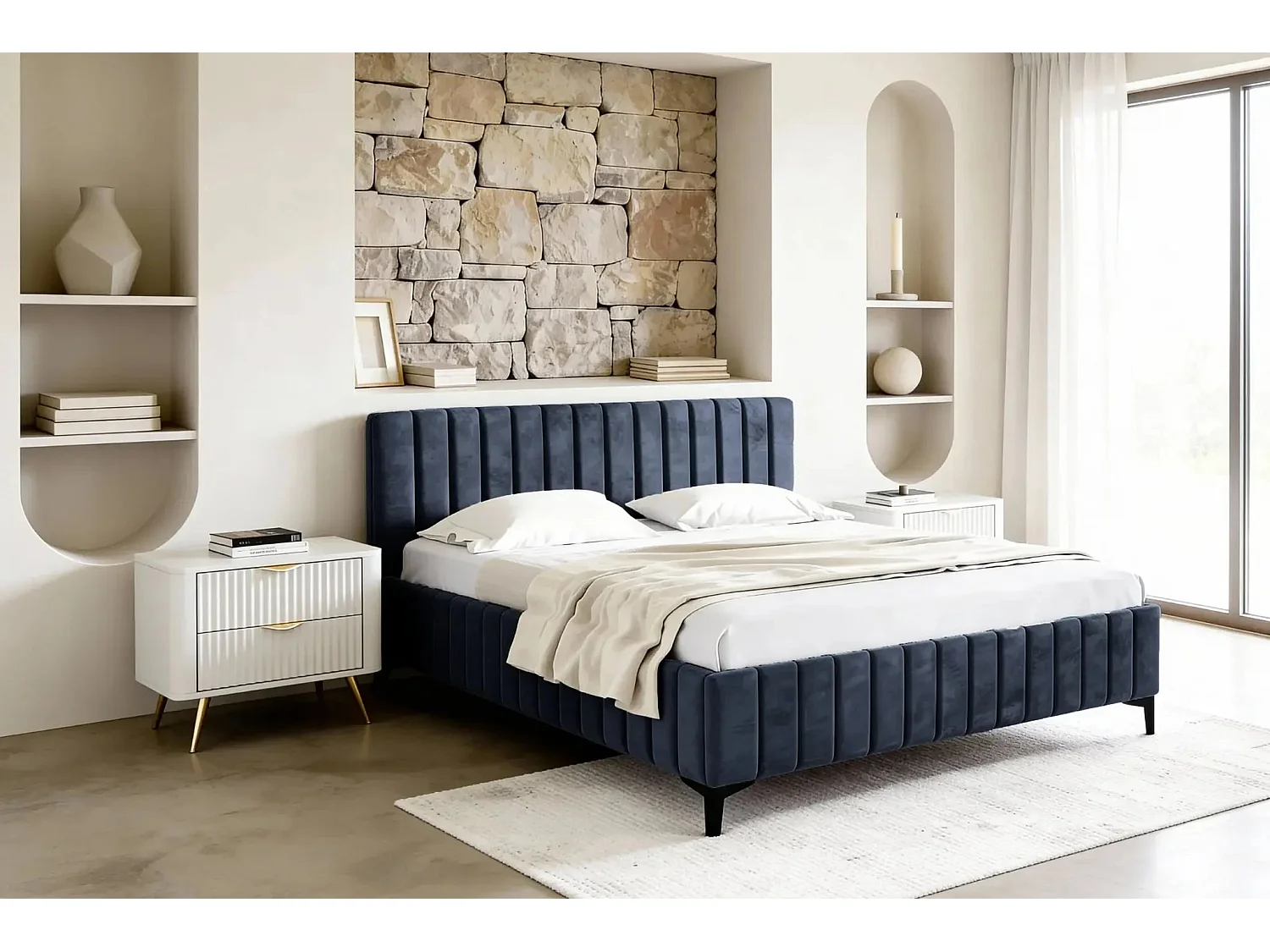 EDEN - Lit coffre tissu velours 160x200cm - Bleu