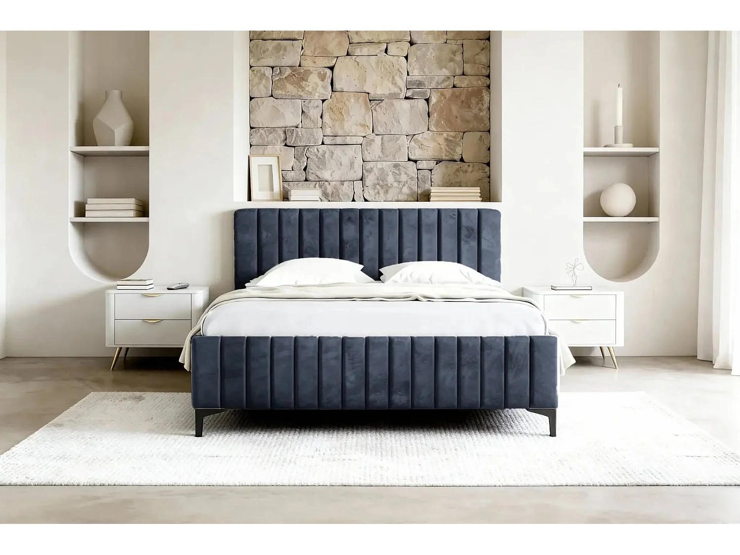 EDEN - Lit coffre tissu velours 160x200cm - Bleu