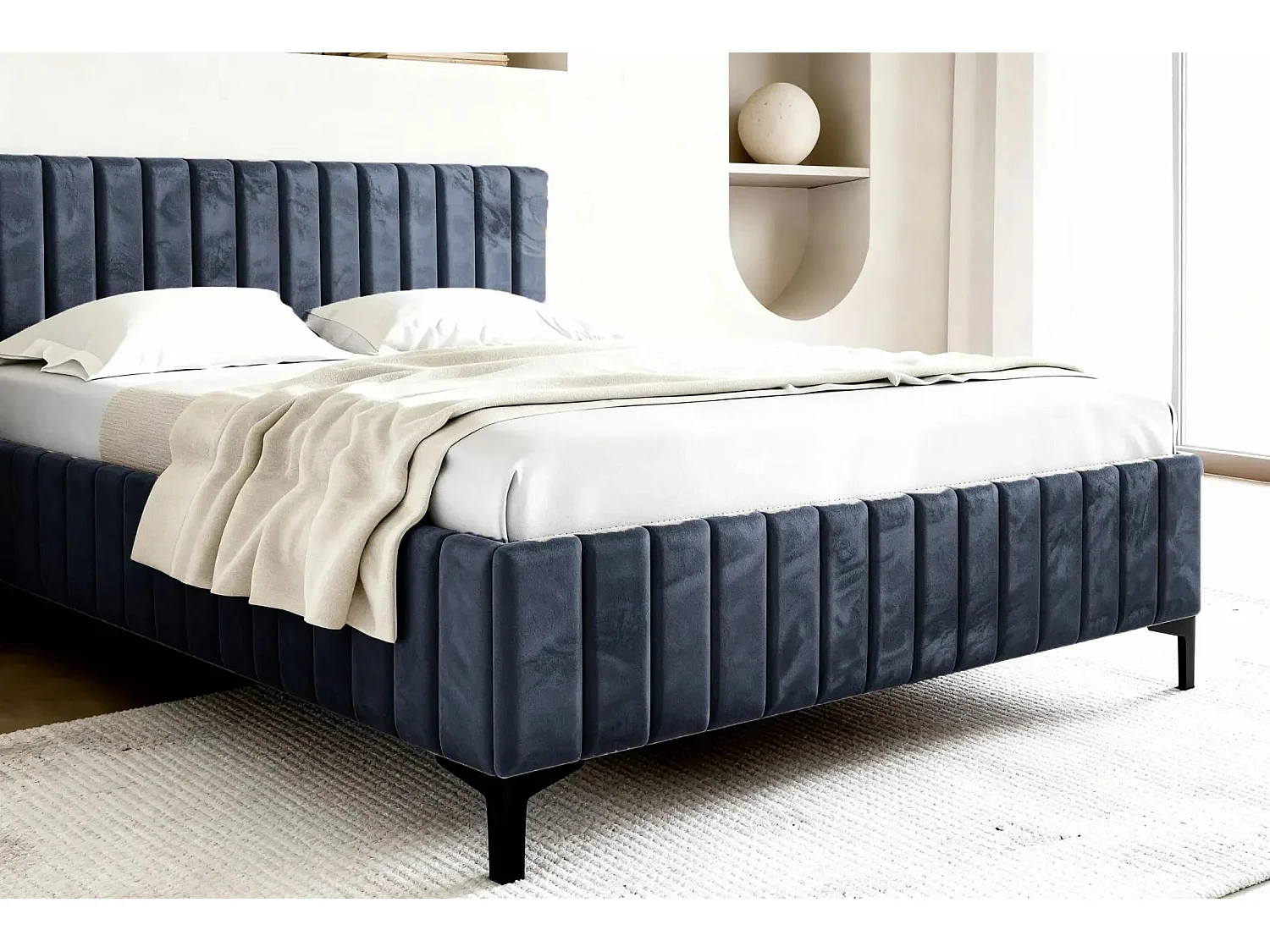 EDEN - Lit coffre tissu velours 160x200cm - Bleu