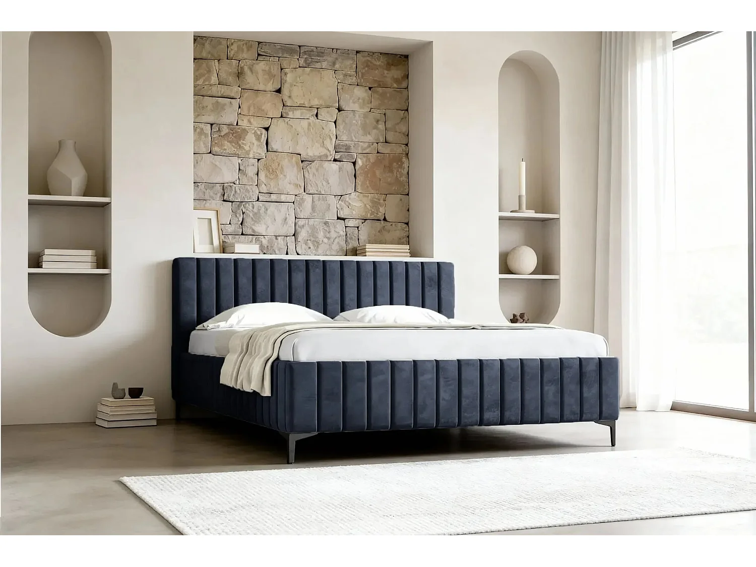 EDEN - Lit coffre tissu velours 160x200cm - Bleu