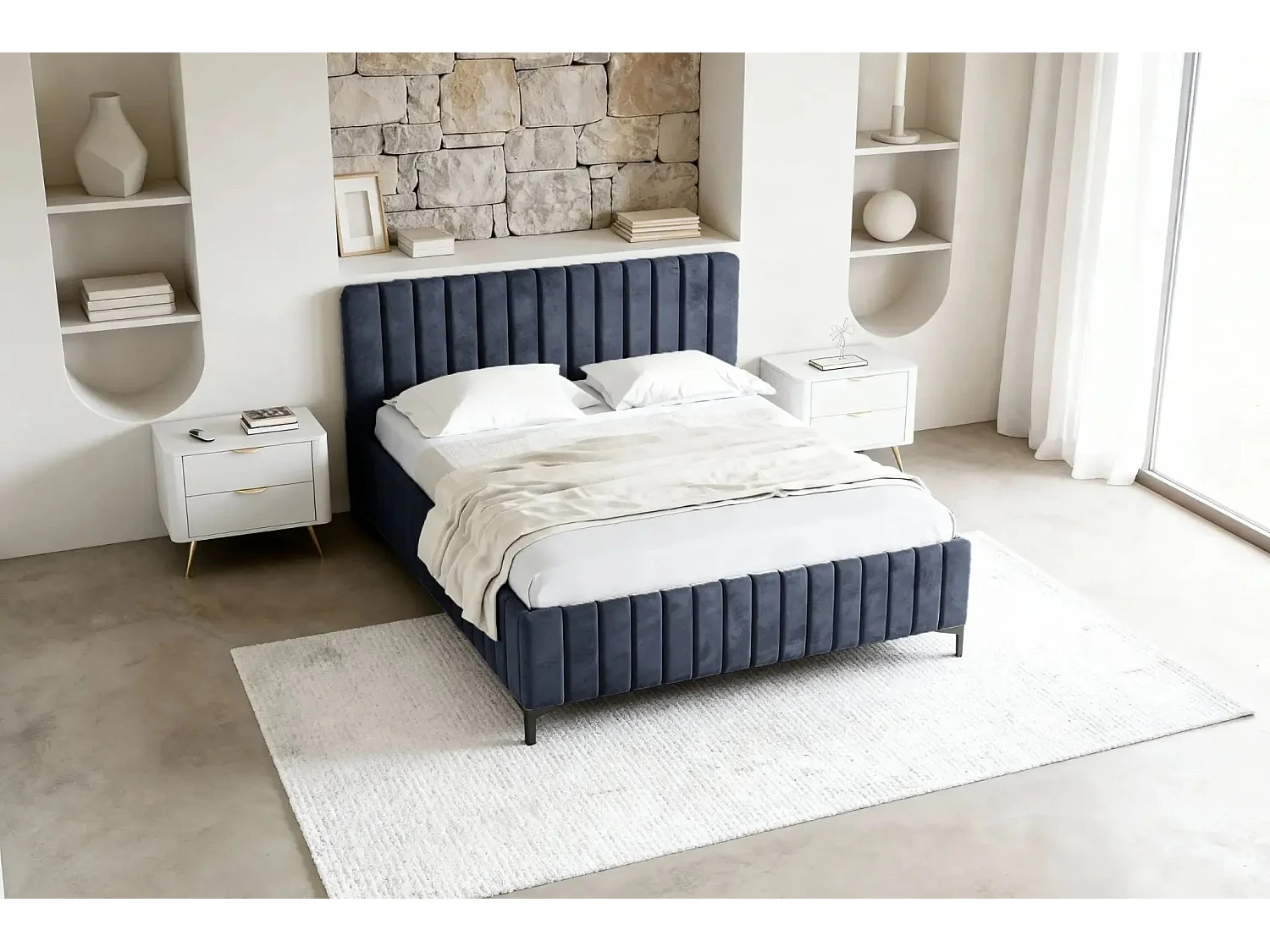 EDEN - Lit coffre tissu velours 160x200cm - Bleu