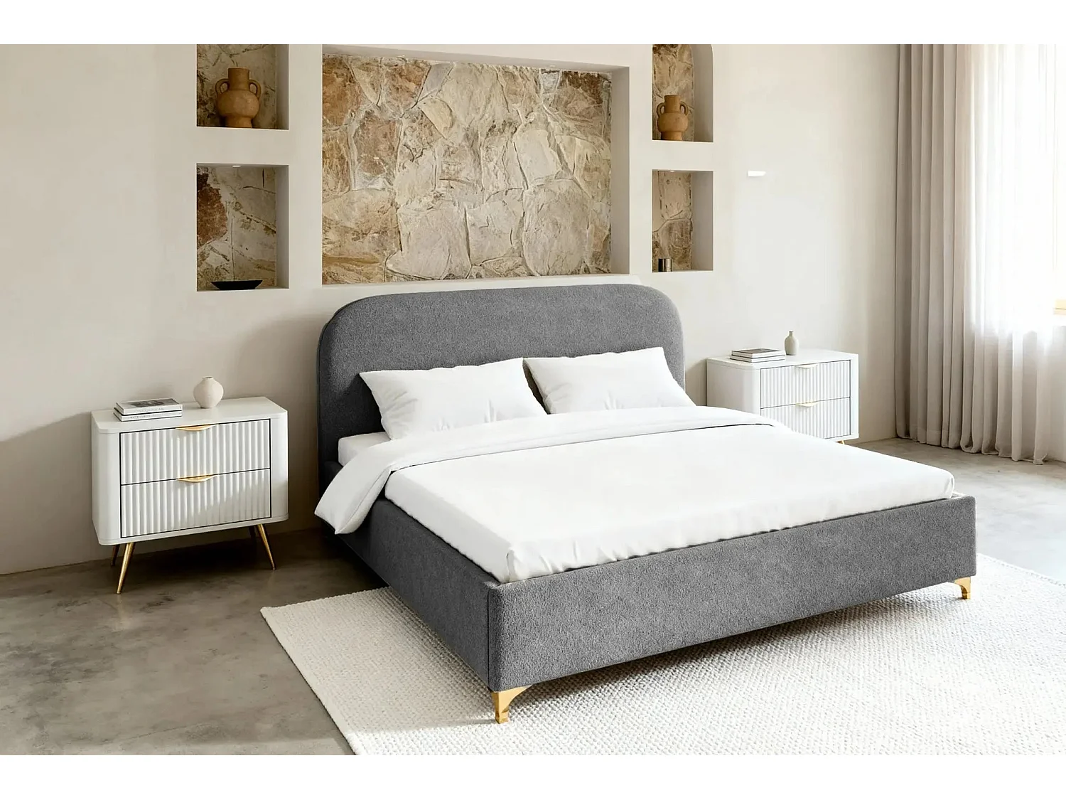 CHARLOTTE - Lit coffre tissu chenille 140x200cm - Gris foncé