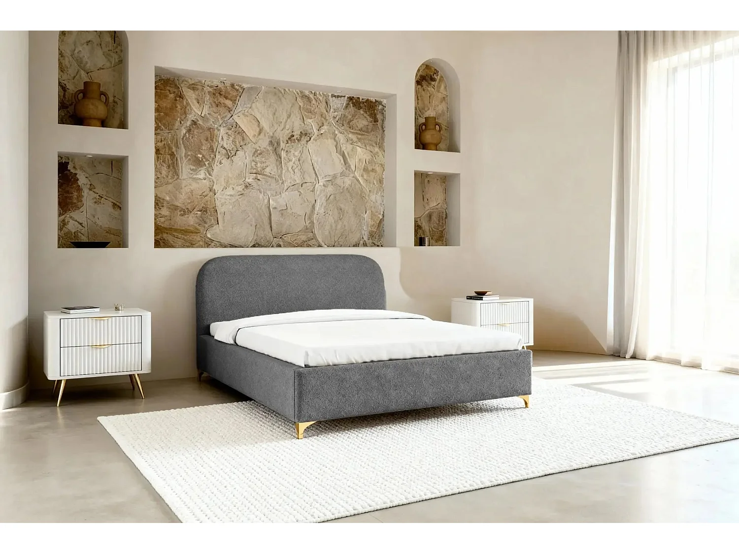 CHARLOTTE - Lit coffre tissu chenille 140x200cm - Gris foncé