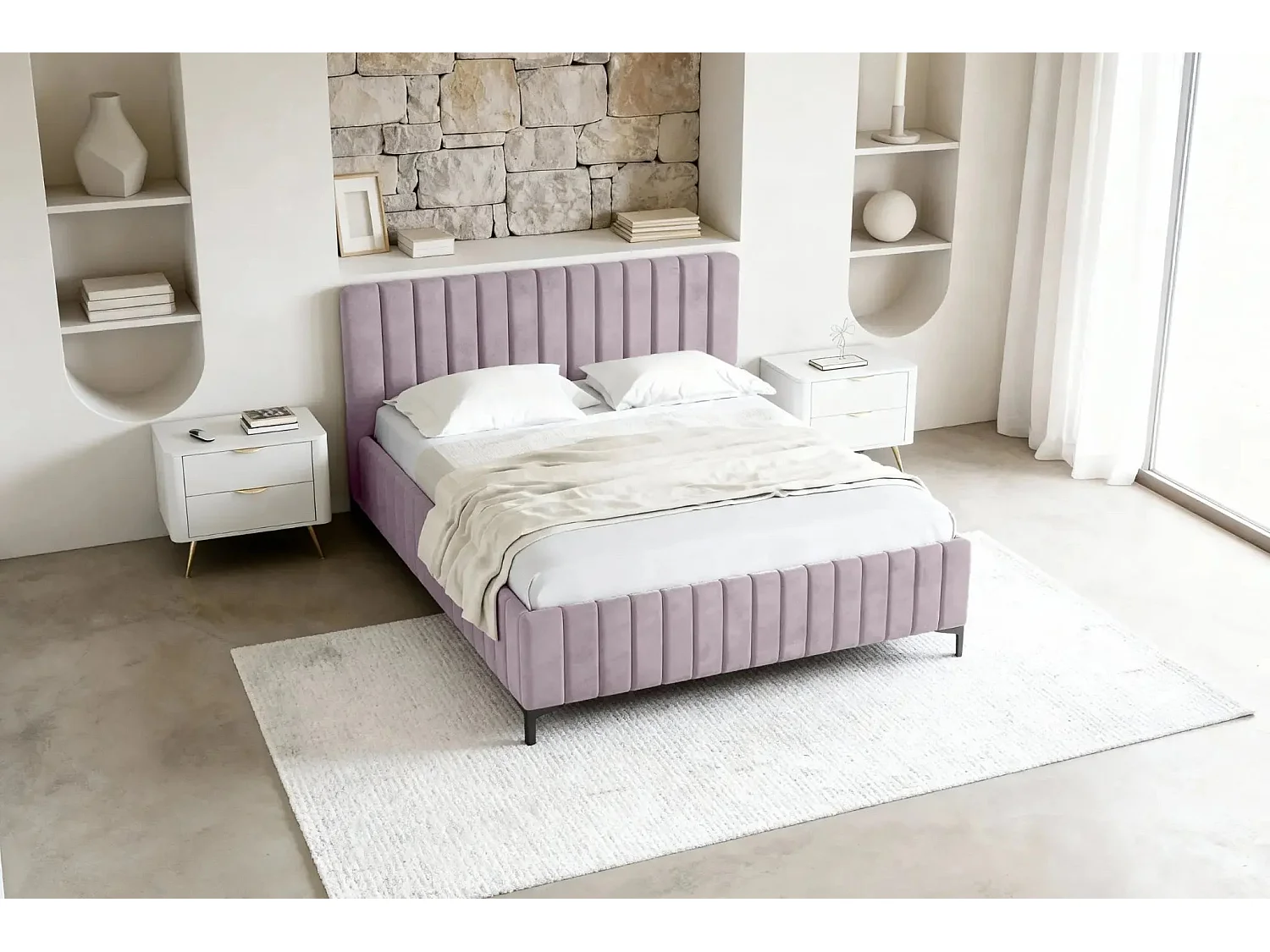 EDEN - Lit coffre tissu velours 140x200cm - Rose