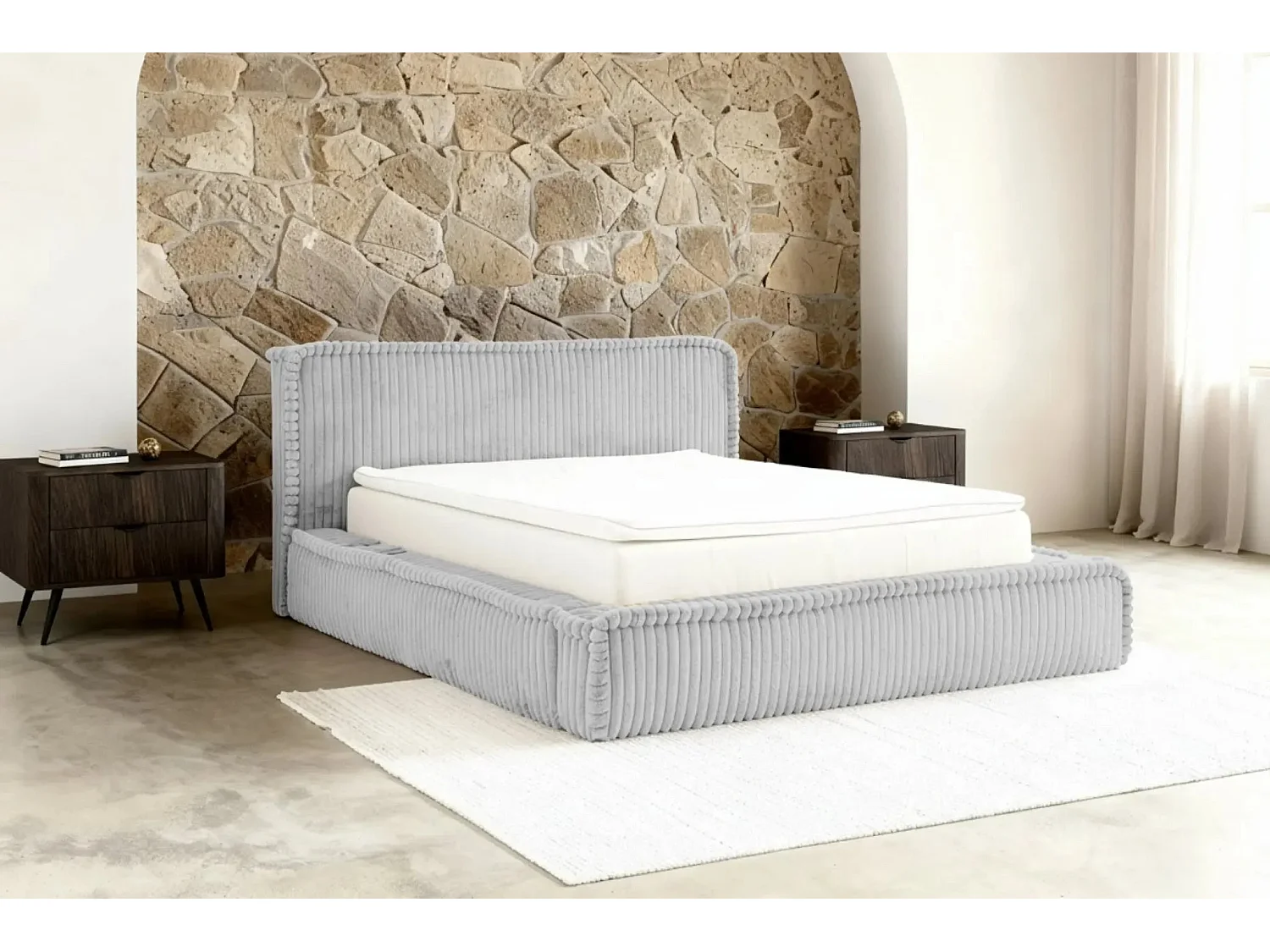 CAPUCINE - Lit coffre velours côtelé 180x200cm - Gris clair