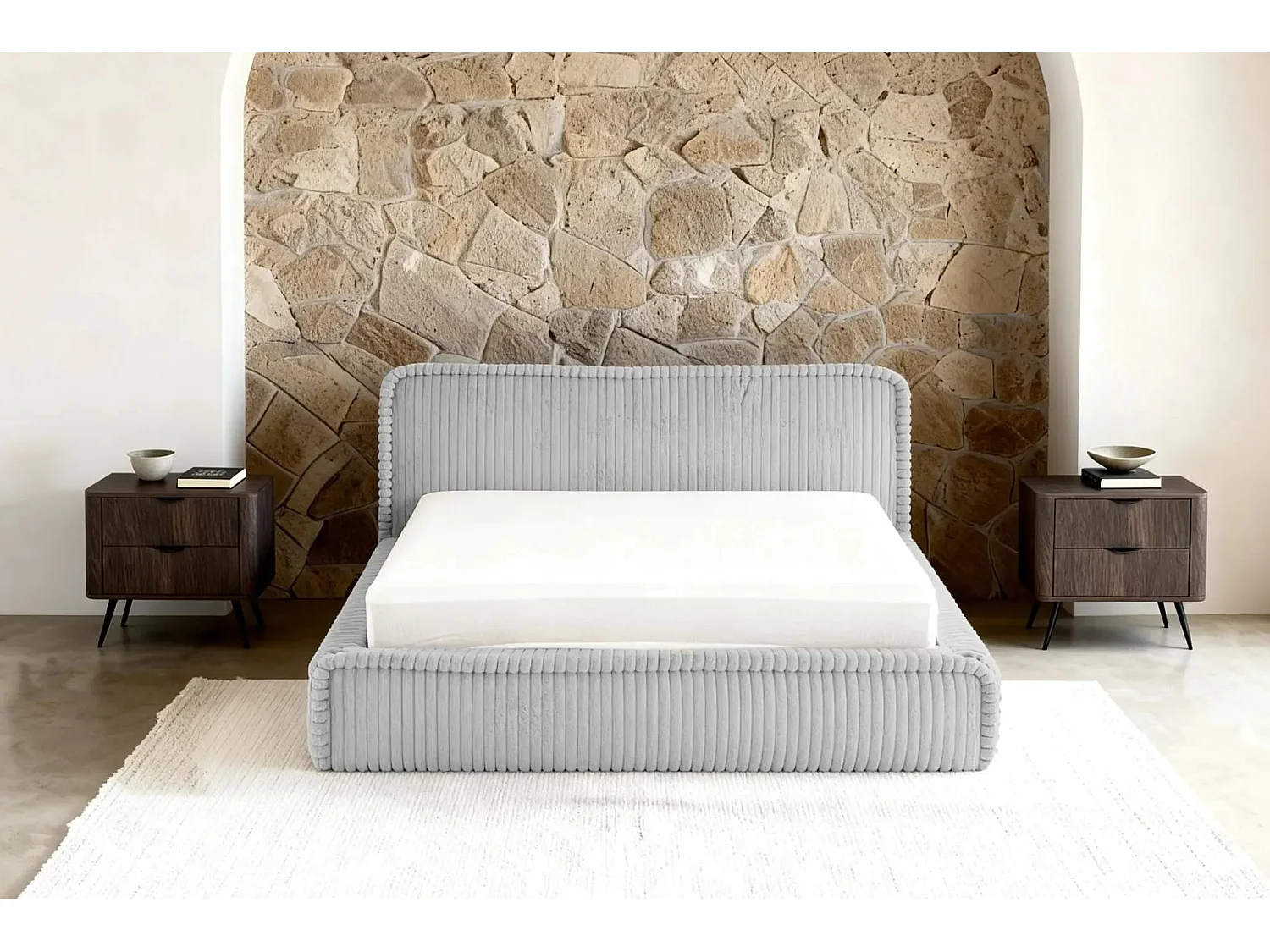 CAPUCINE - Lit coffre velours côtelé 180x200cm - Gris clair