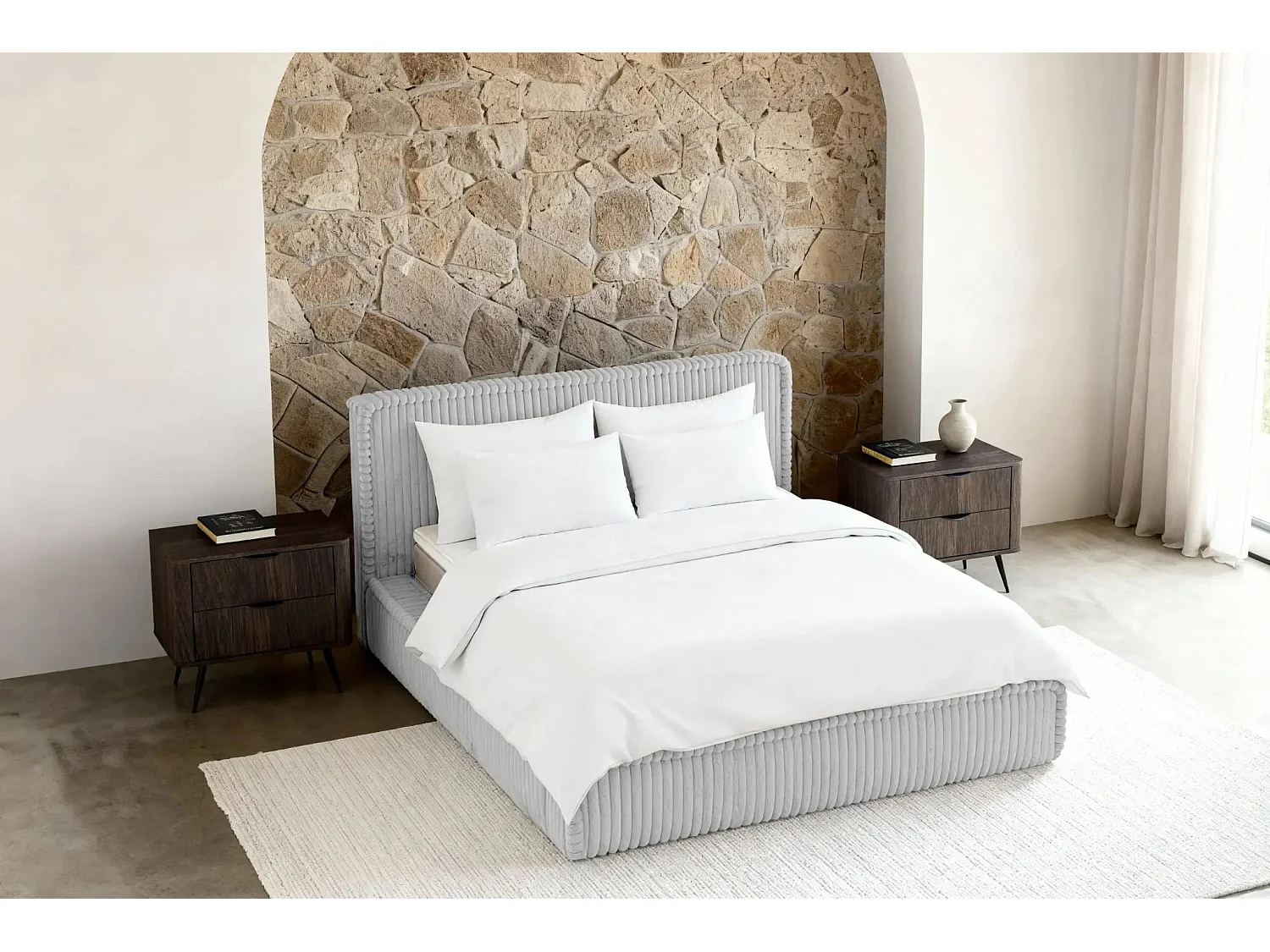 CAPUCINE - Lit coffre velours côtelé 180x200cm - Gris clair