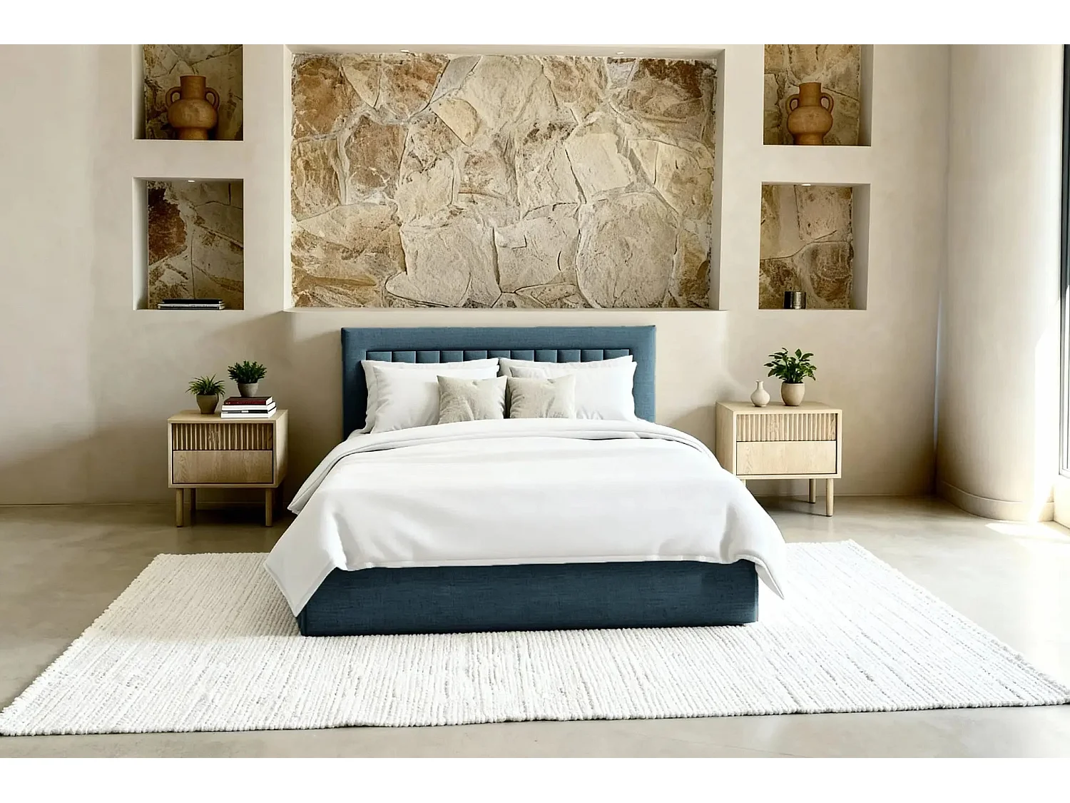 CAMILLE - Lit coffre tissu velours 160x200cm - Bleu