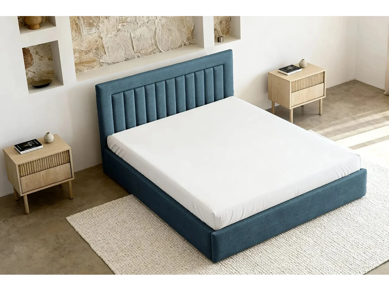 CAMILLE - Lit coffre tissu velours 160x200cm - Bleu