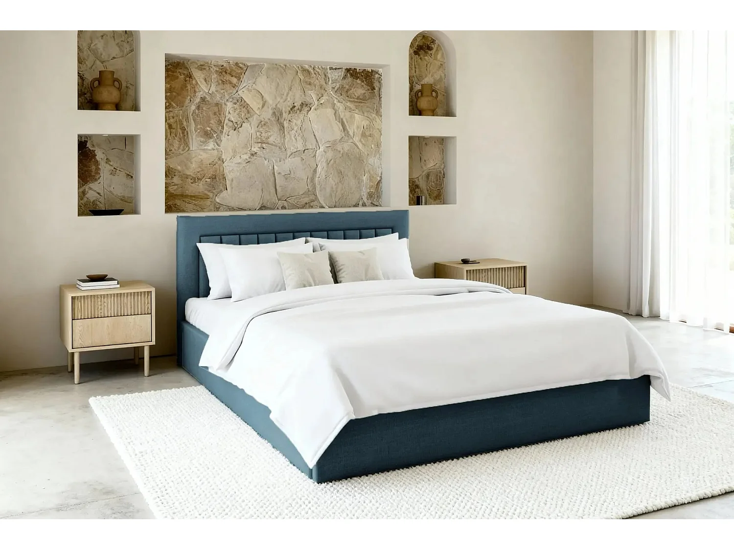 CAMILLE - Lit coffre tissu velours 160x200cm - Bleu