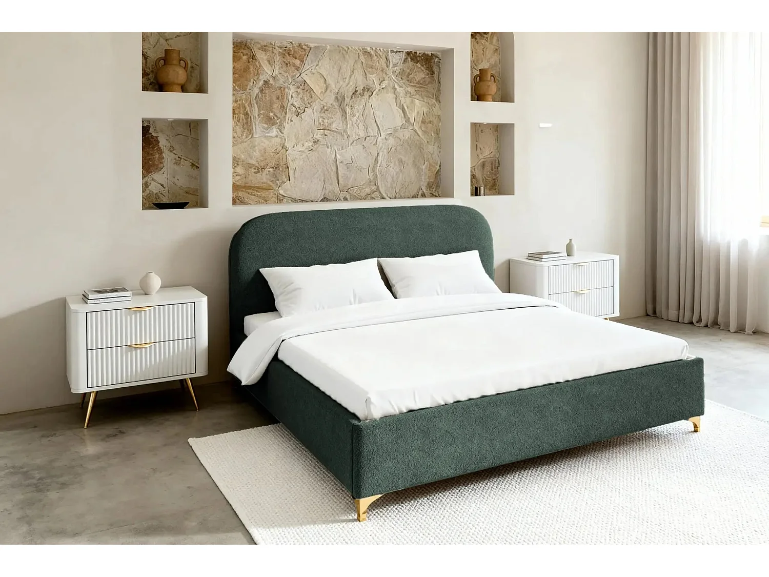 CHARLOTTE - Lit coffre tissu chenille 180x200cm - Vert