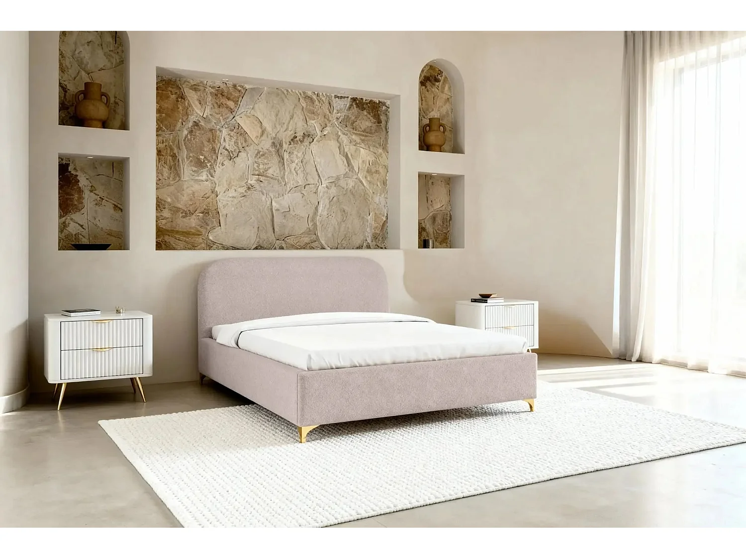 CHARLOTTE - Lit coffre tissu chenille 140x200cm - Rose