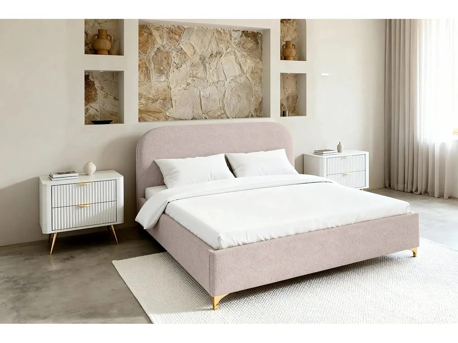 CHARLOTTE - Lit coffre tissu chenille 140x200cm - Rose