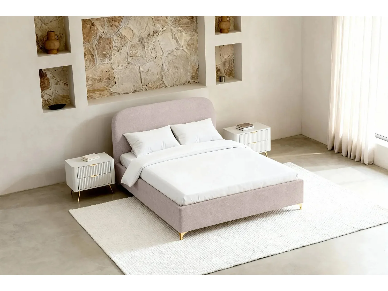 CHARLOTTE - Lit coffre tissu chenille 140x200cm - Rose