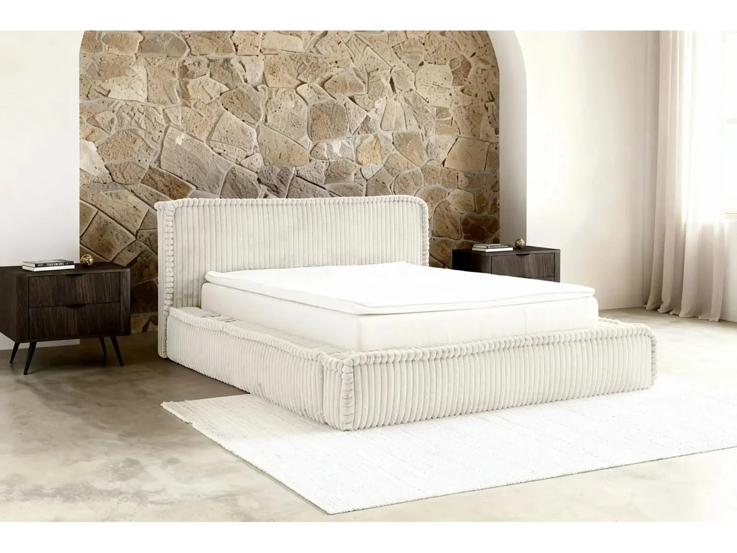 CAPUCINE - Lit coffre velours côtelé 160x200cm - Blanc