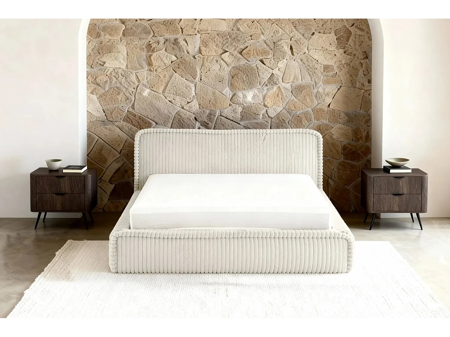 CAPUCINE - Lit coffre velours côtelé 160x200cm - Blanc