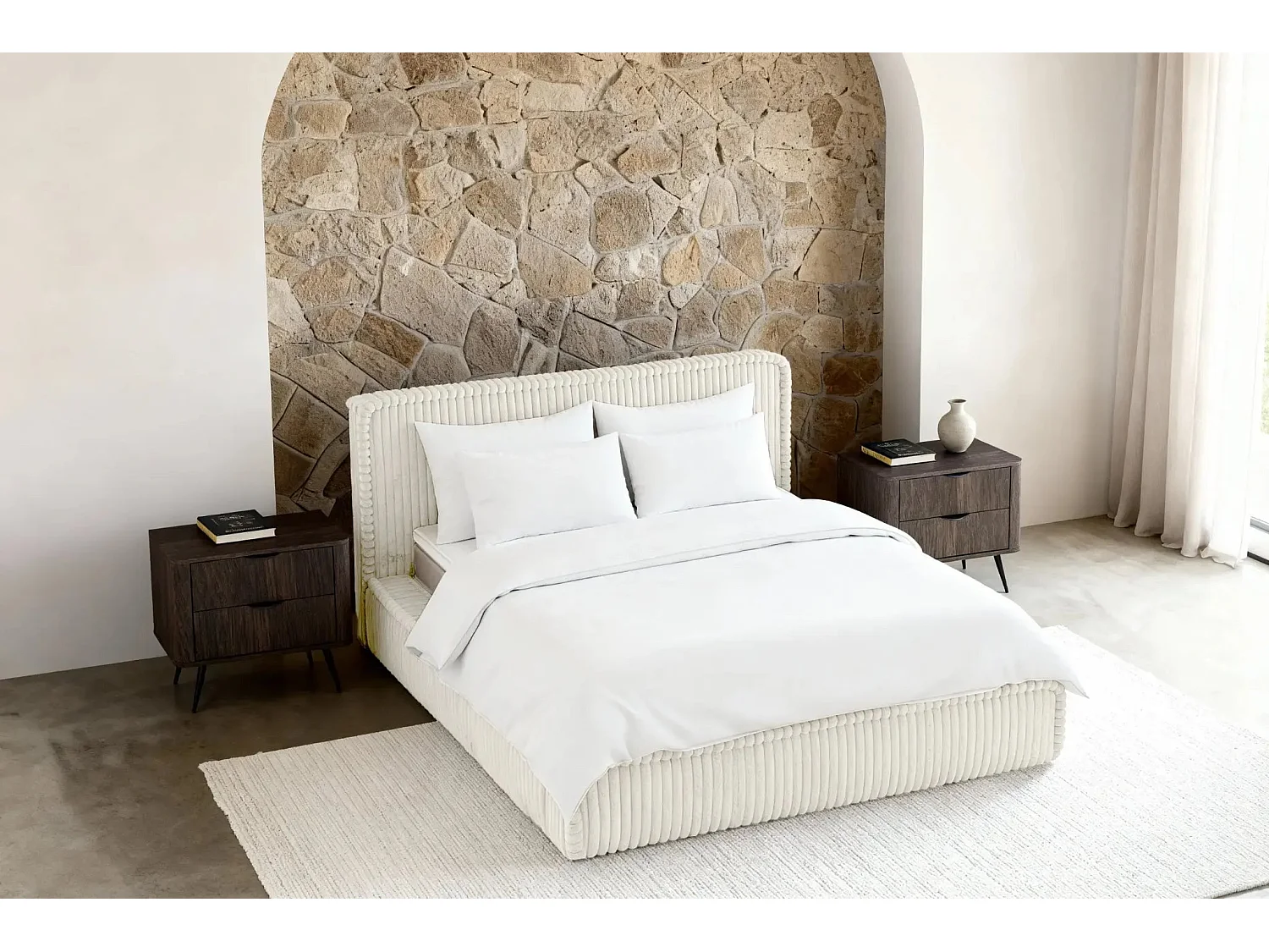 CAPUCINE - Lit coffre velours côtelé 160x200cm - Blanc