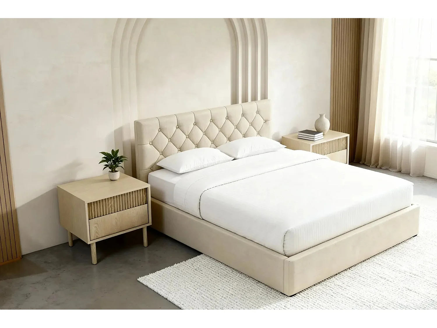 EMILE - Lit coffre tissu velours 180x200cm - Beige