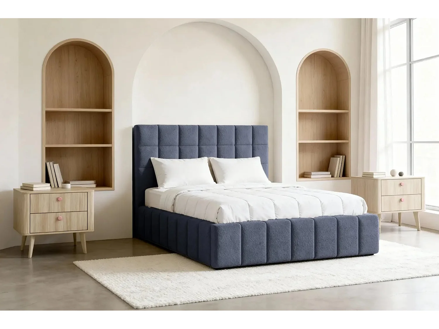 FLORENCE - Lit coffre tissu chenille 160x200cm - Bleu