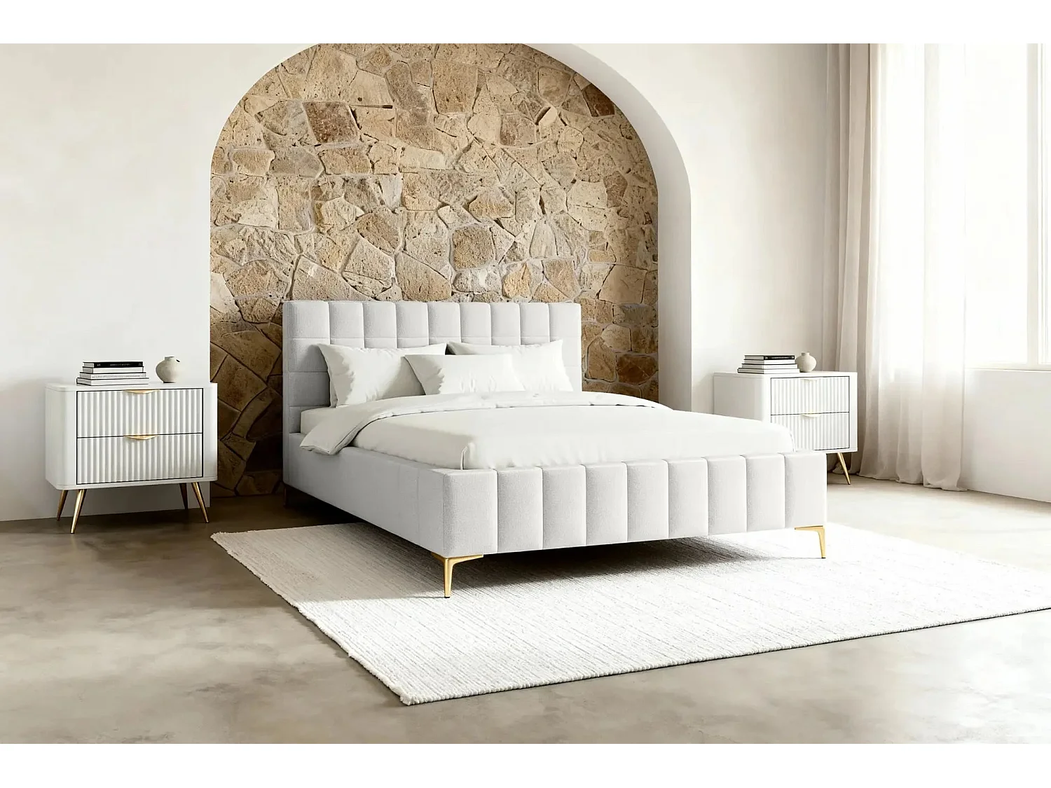 GREGOIRE - Lit coffre tissu chiné 180x200cm - Blanc