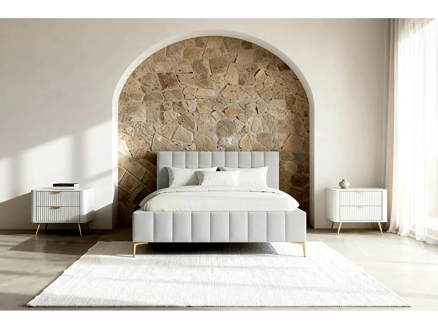 GREGOIRE - Lit coffre tissu chiné 160x200cm - Blanc