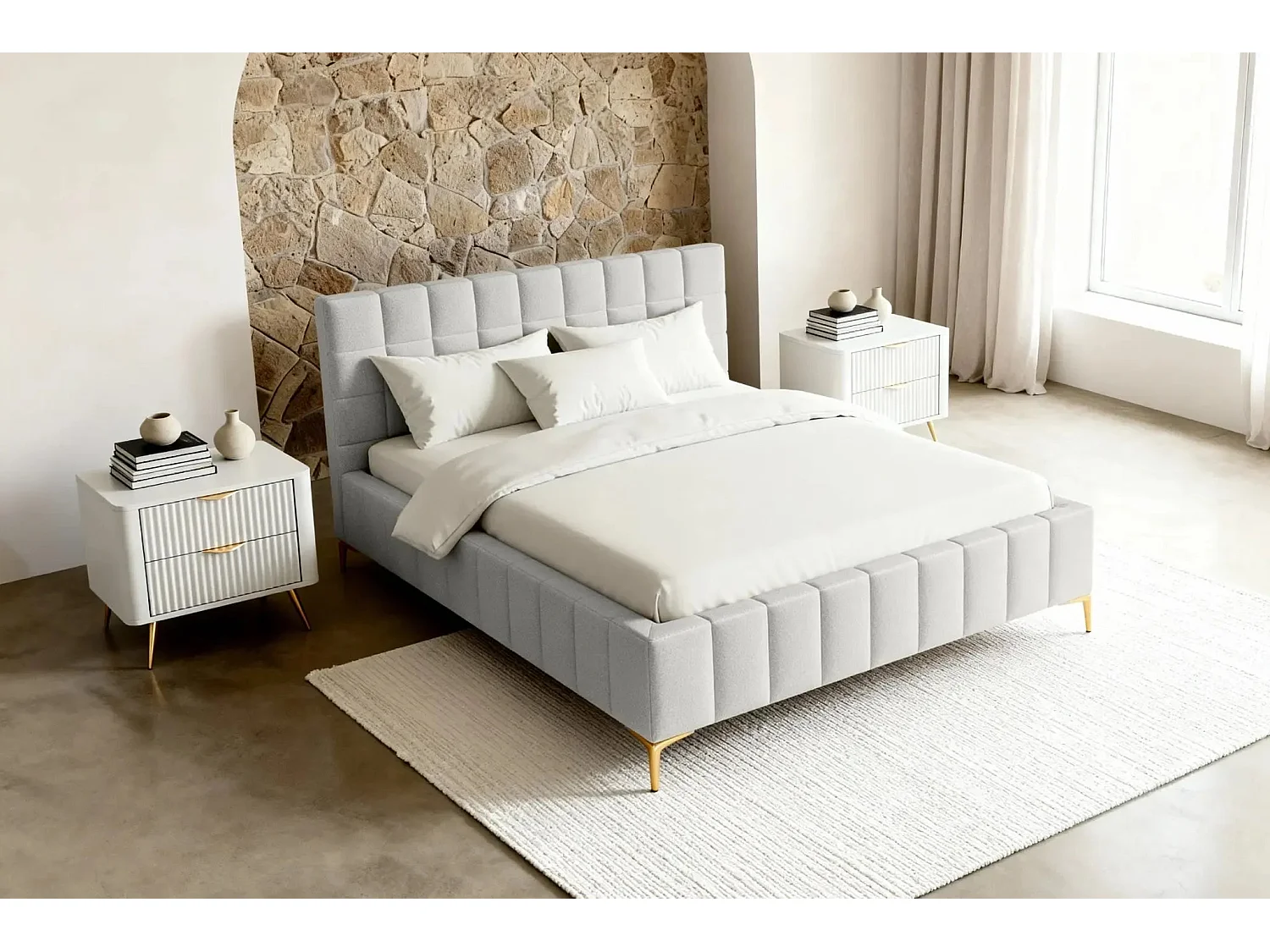 GREGOIRE - Lit coffre tissu chiné 160x200cm - Blanc