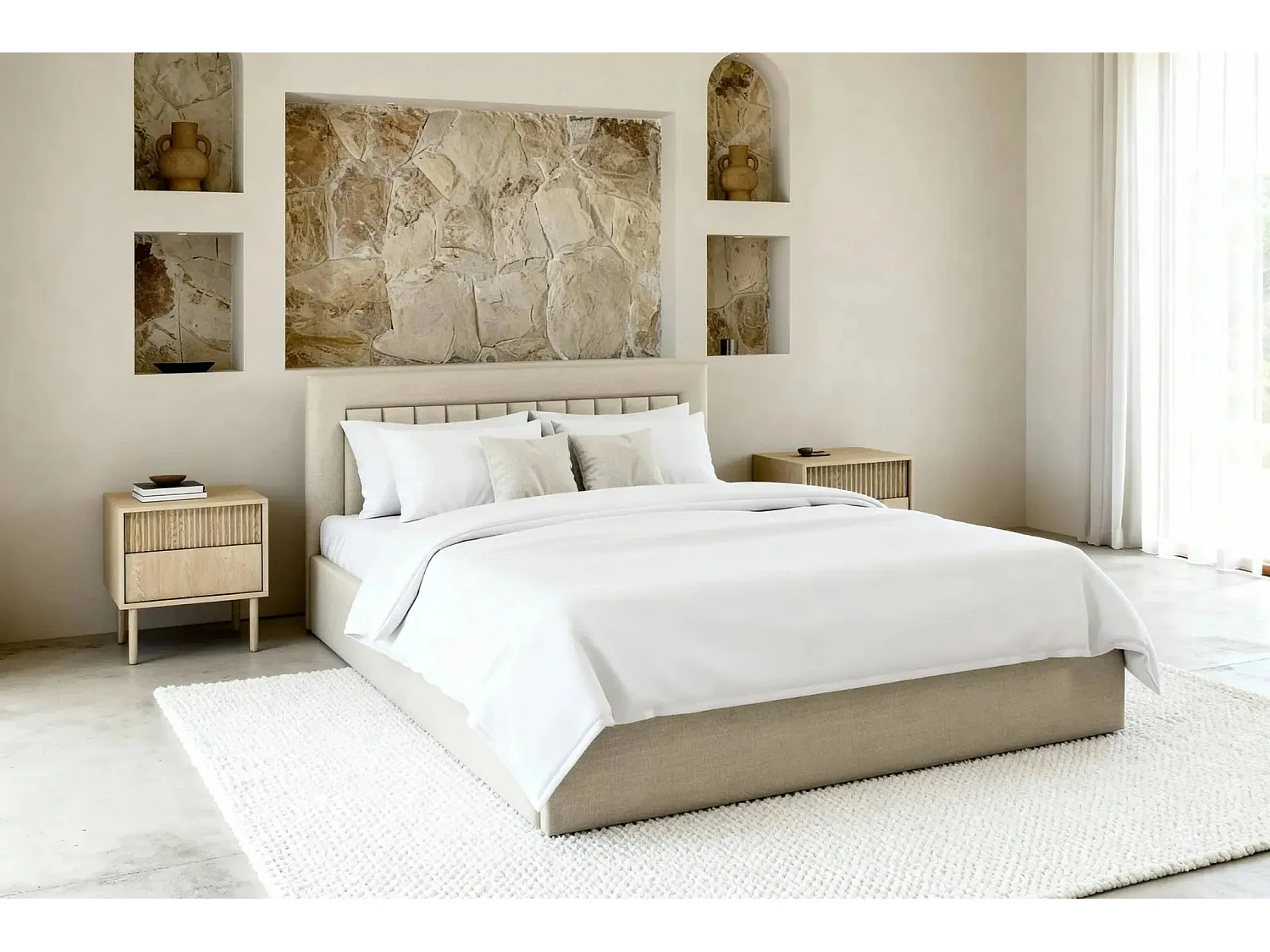 CAMILLE - Lit coffre tissu velours 160x200cm - Beige