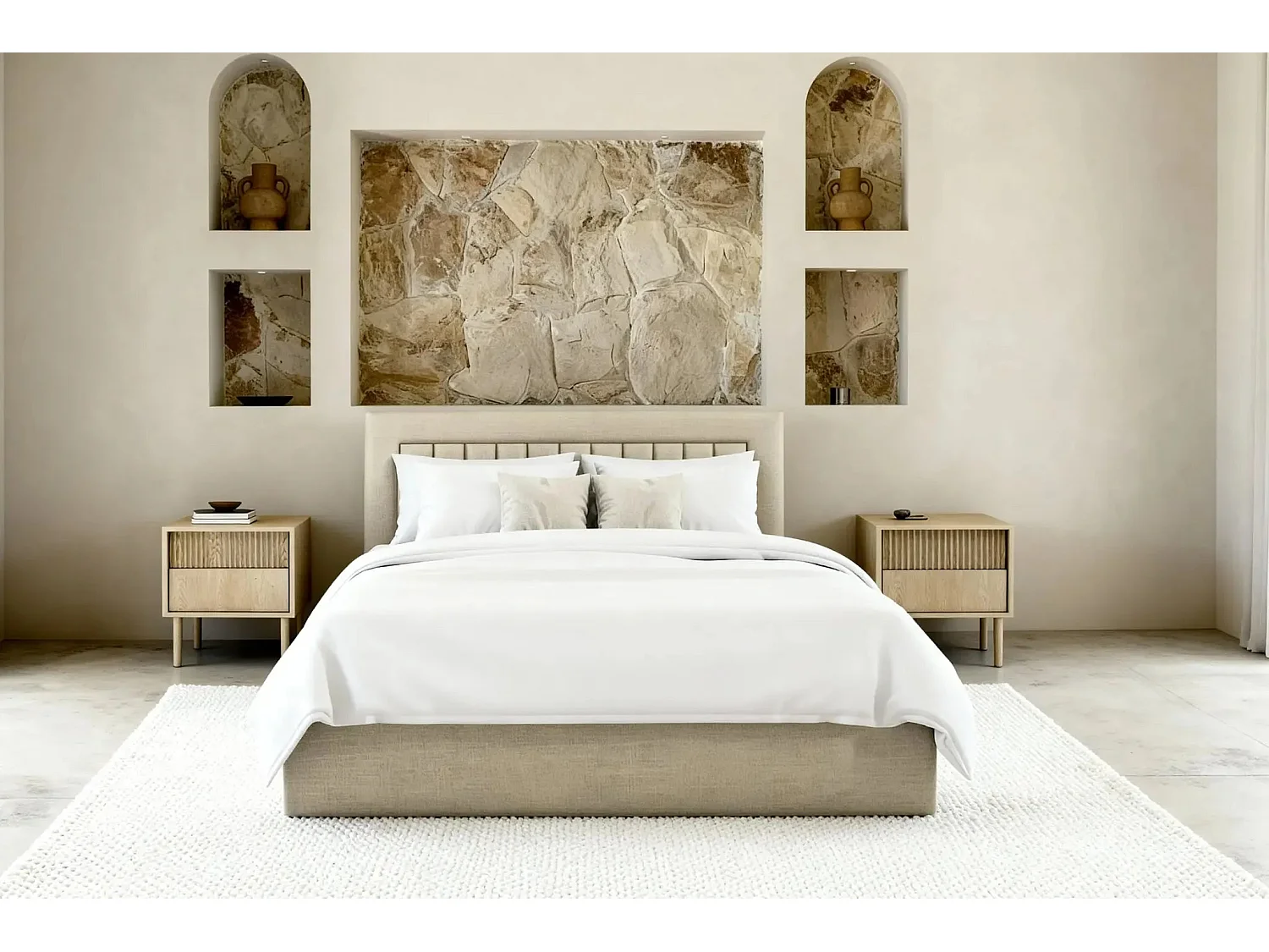 CAMILLE - Lit coffre tissu velours 160x200cm - Beige