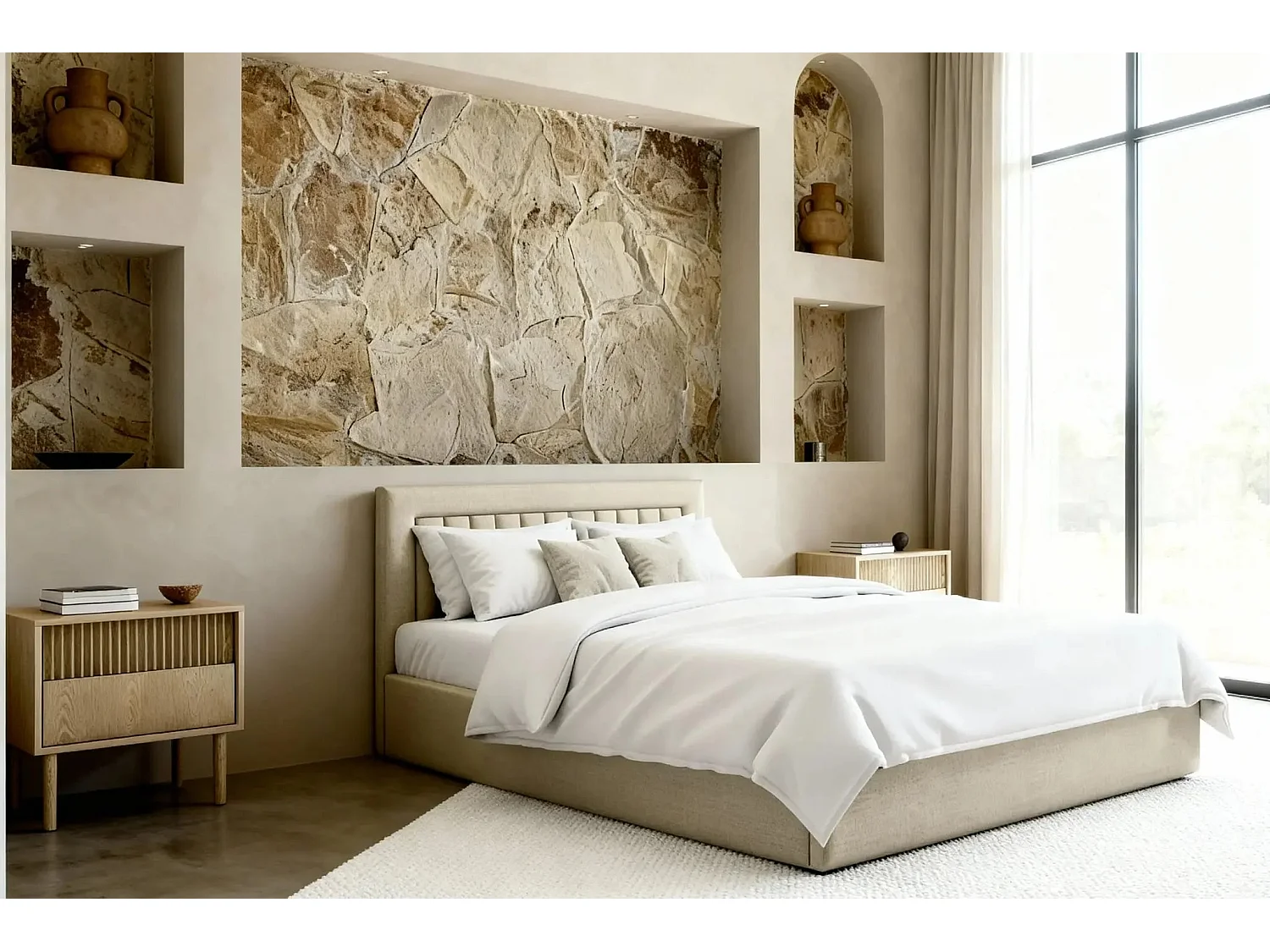 CAMILLE - Lit coffre tissu velours 160x200cm - Beige