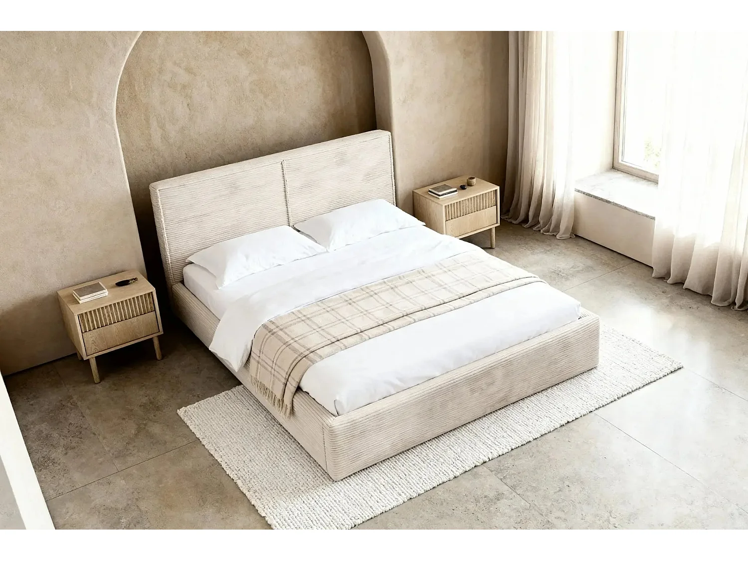 ELOISE - Lit coffre velours côtelé 140x200cm - Beige